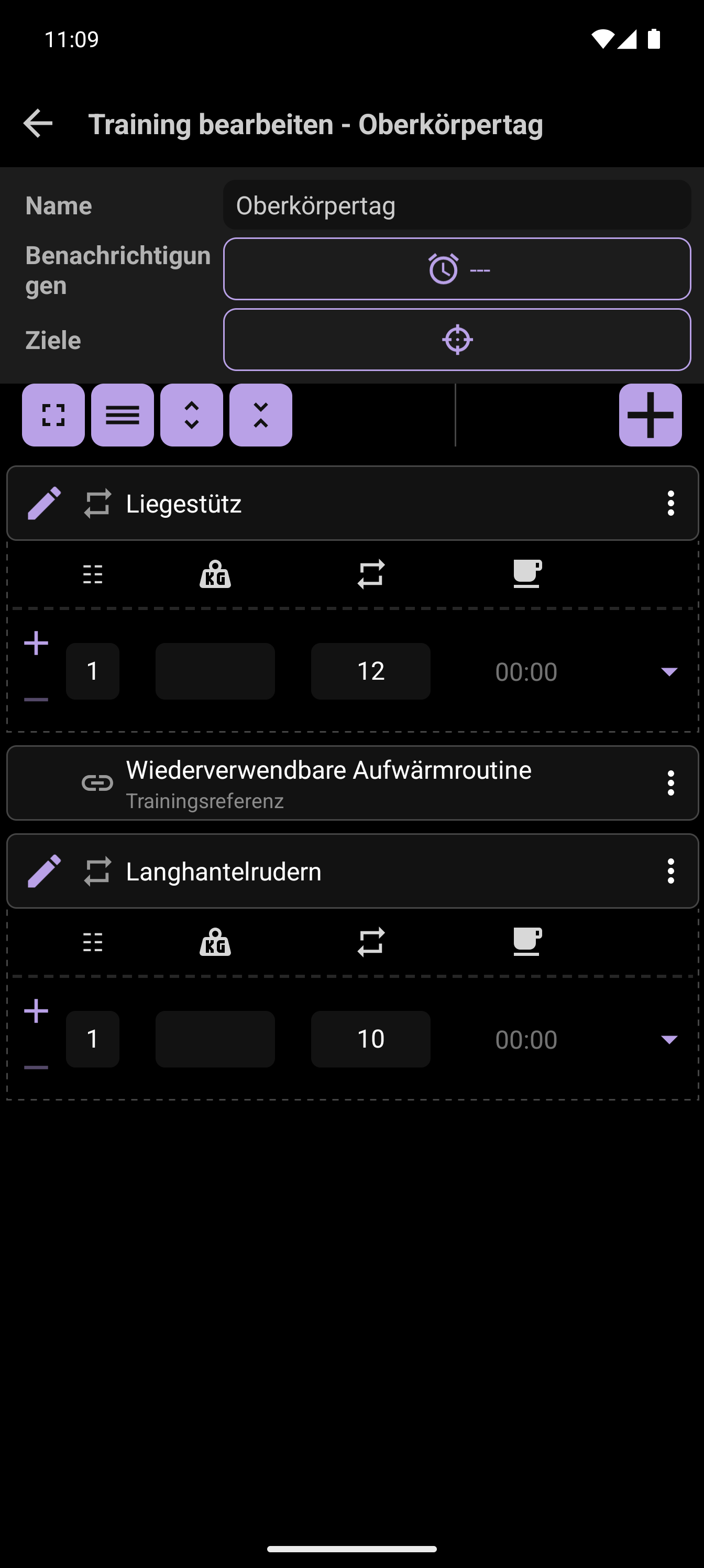 CrazyFit-Workout-Editor mit einem wiederverwendbaren Aufwärmprogramm, das im „Oberkörper-Tag“-Workout verwendet wird