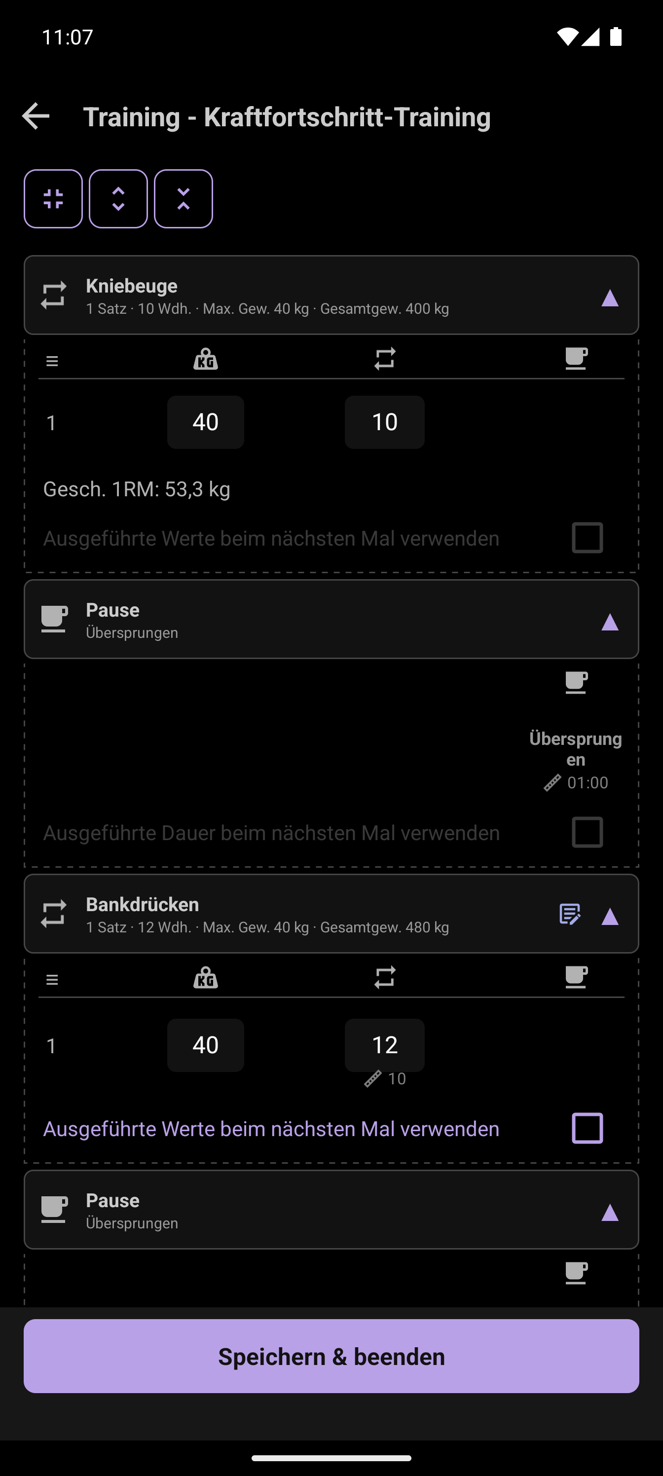 Zusammenfassung nach dem Workout: Änderung beim Bankdrücken von 10 auf 12 Wiederholungen