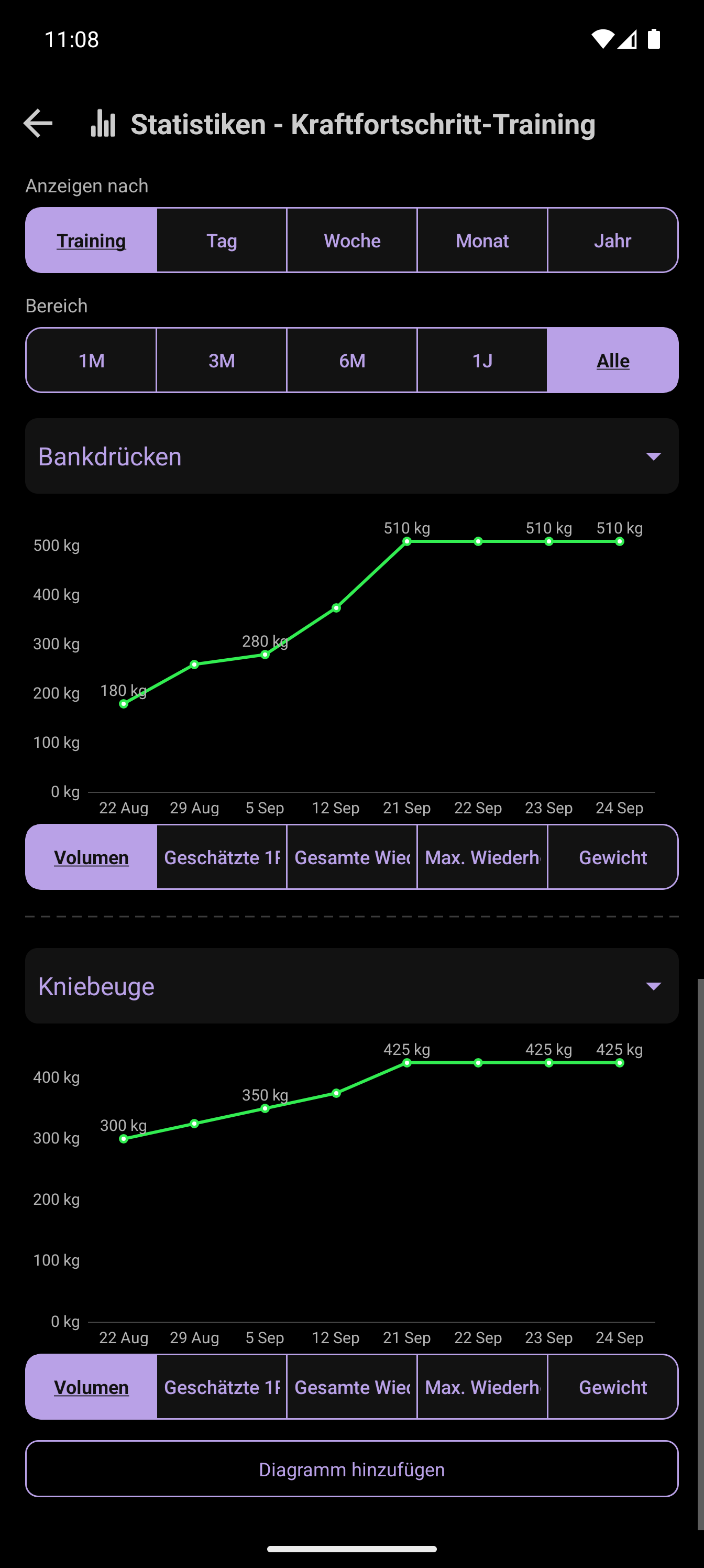 CrazyFit-Statistikbildschirm mit Trainingshistorie und Fortschrittsdiagramm