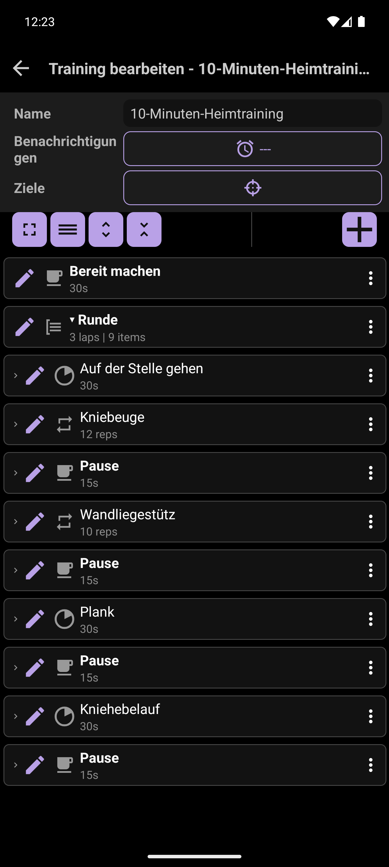 CrazyFit-Workout-Editor mit dem 10-Minuten-Workout für zu Hause