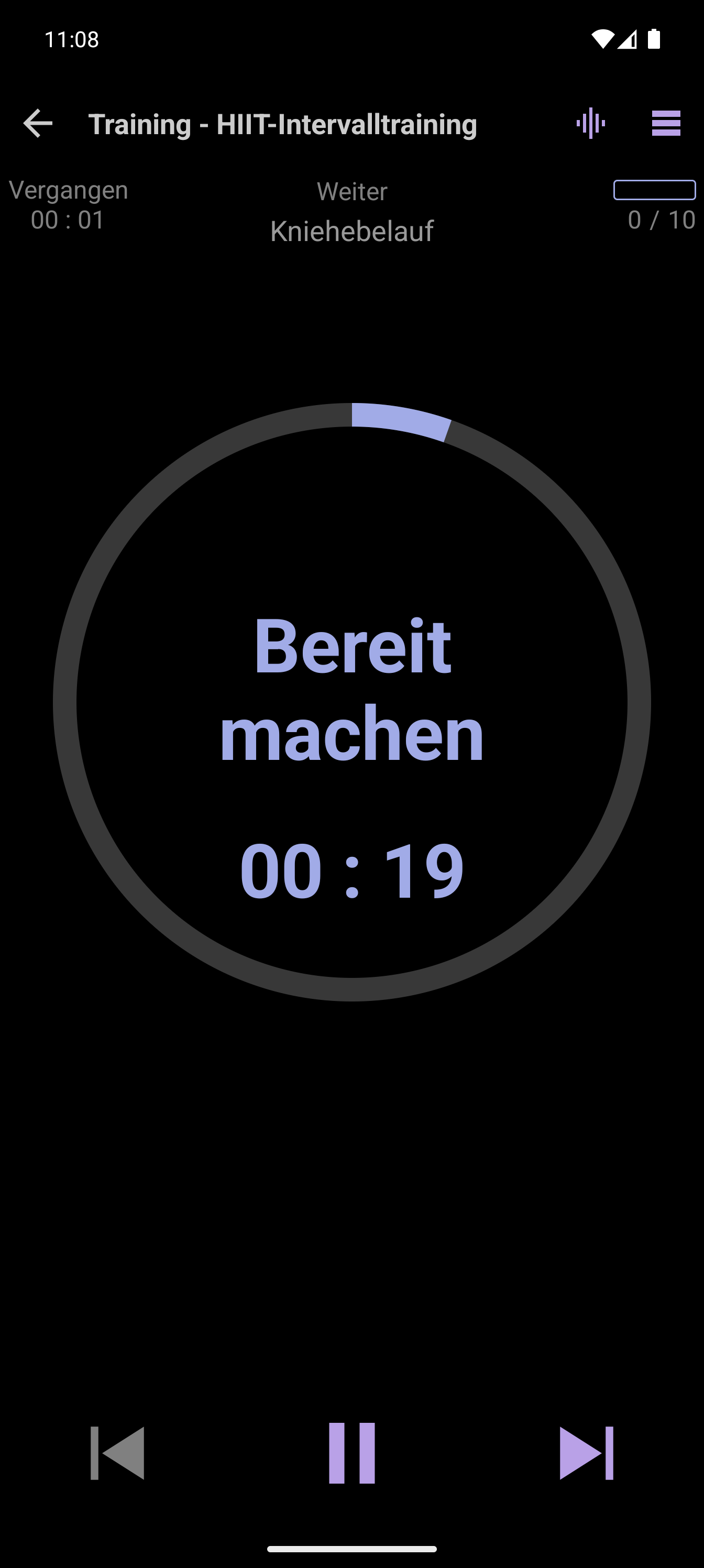 CrazyFit-Player mit Anzeige eines zeitbasierten HIIT-Intervalls