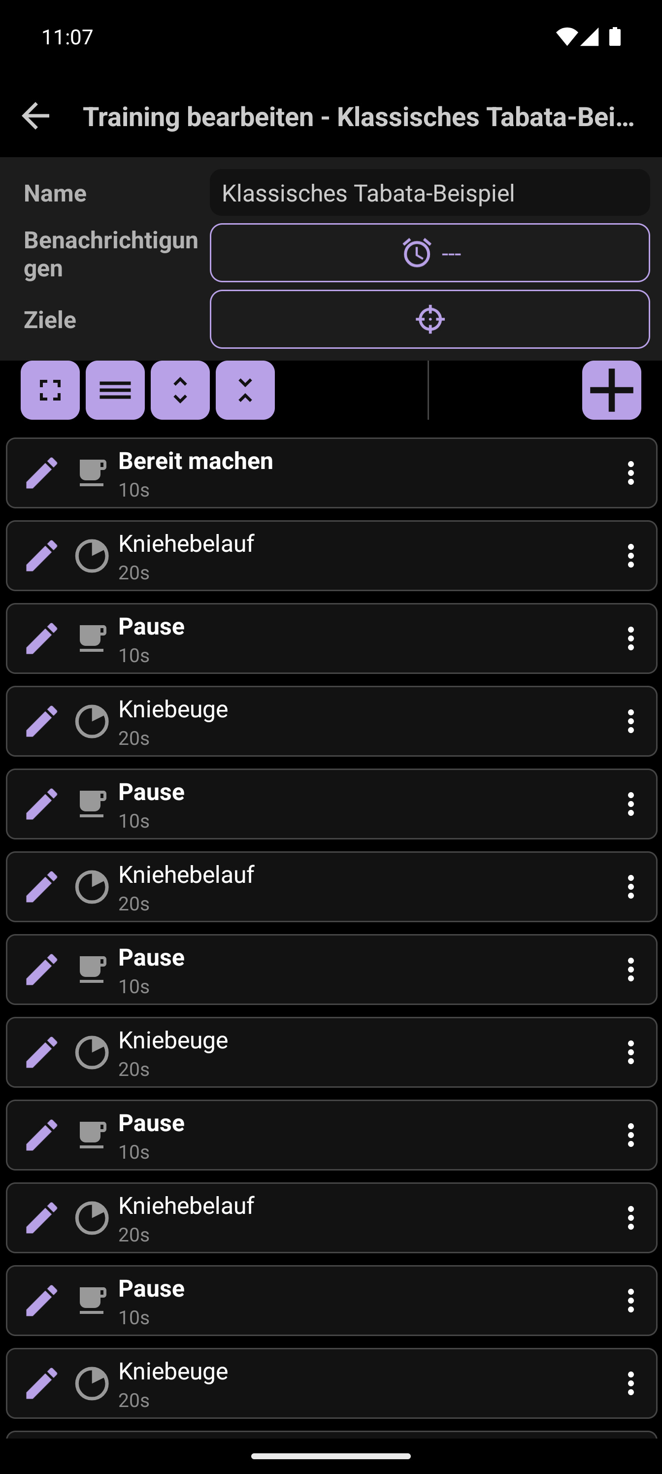 CrazyFit-Workout-Editor mit zusammengefassten Tabata-Belastungs- und Ruhephasen