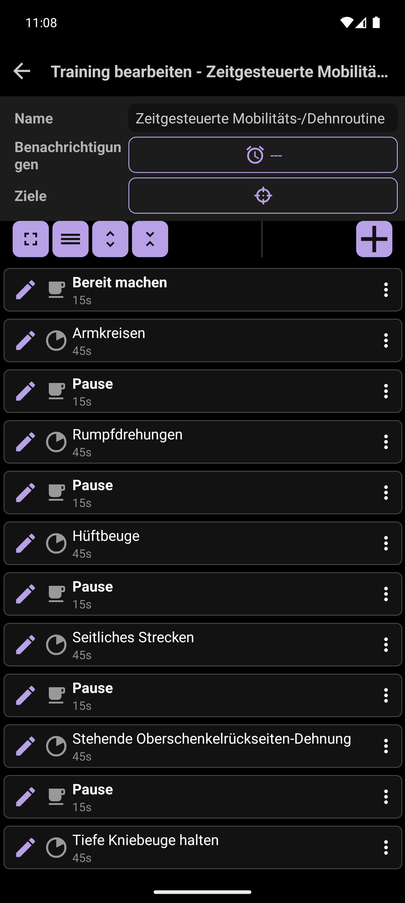CrazyFit-Workout-Editor mit der zeitbasierten Mobilitätssequenz