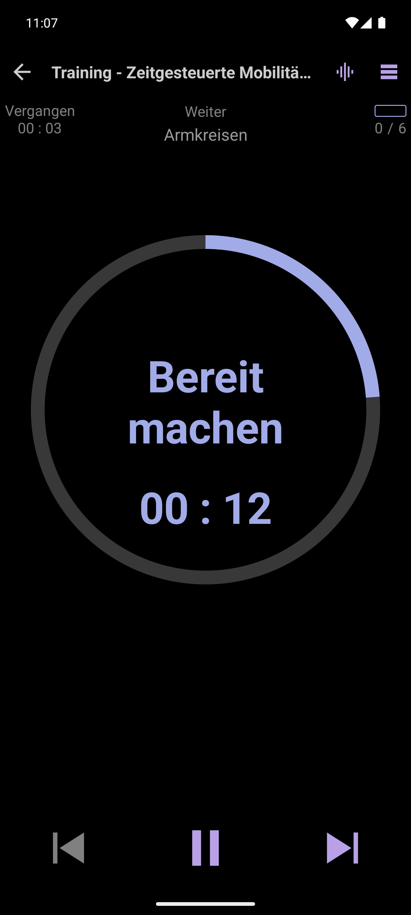 CrazyFit-Player mit Anzeige einer zeitbasierten Mobilitätsroutine