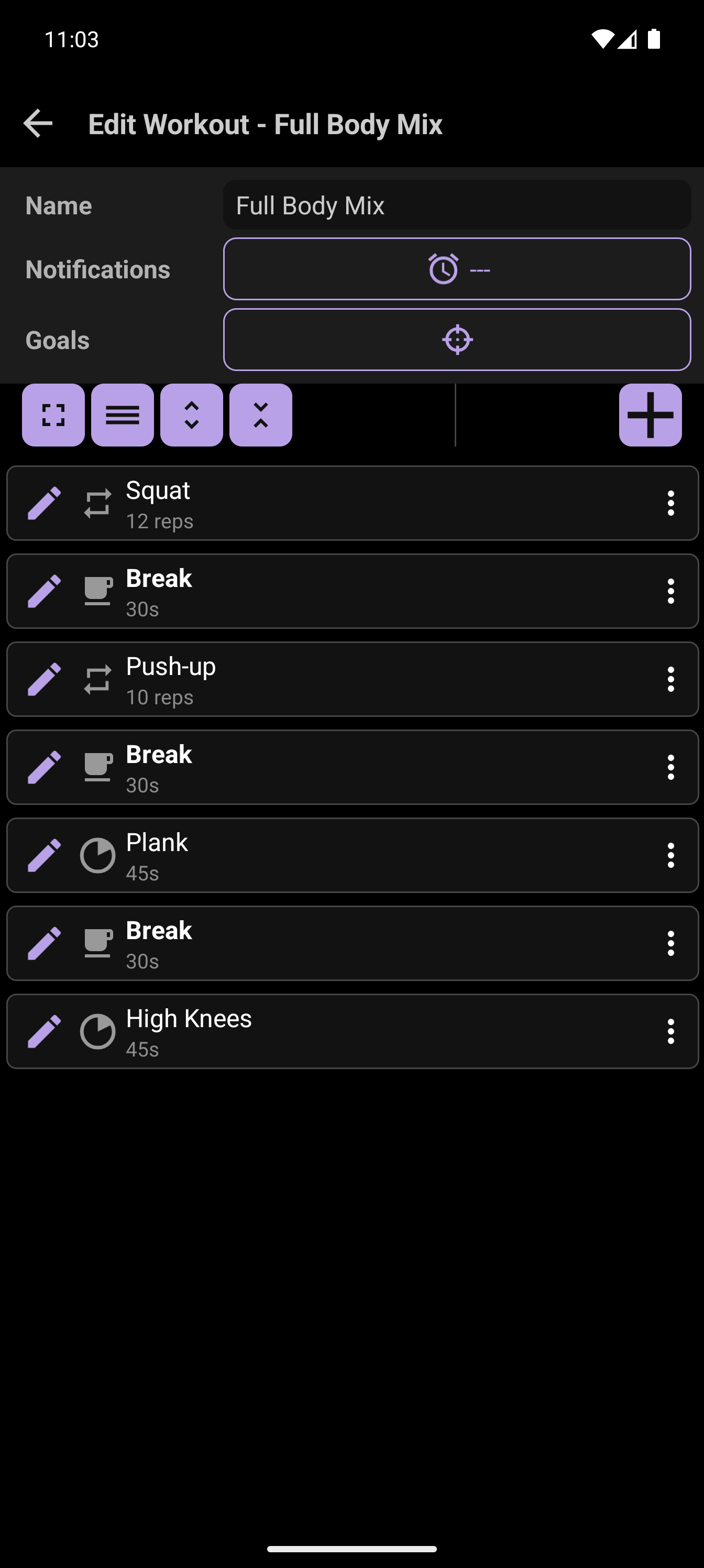 CrazyFit workout editor showing a custom workout with timed and repetition exercises