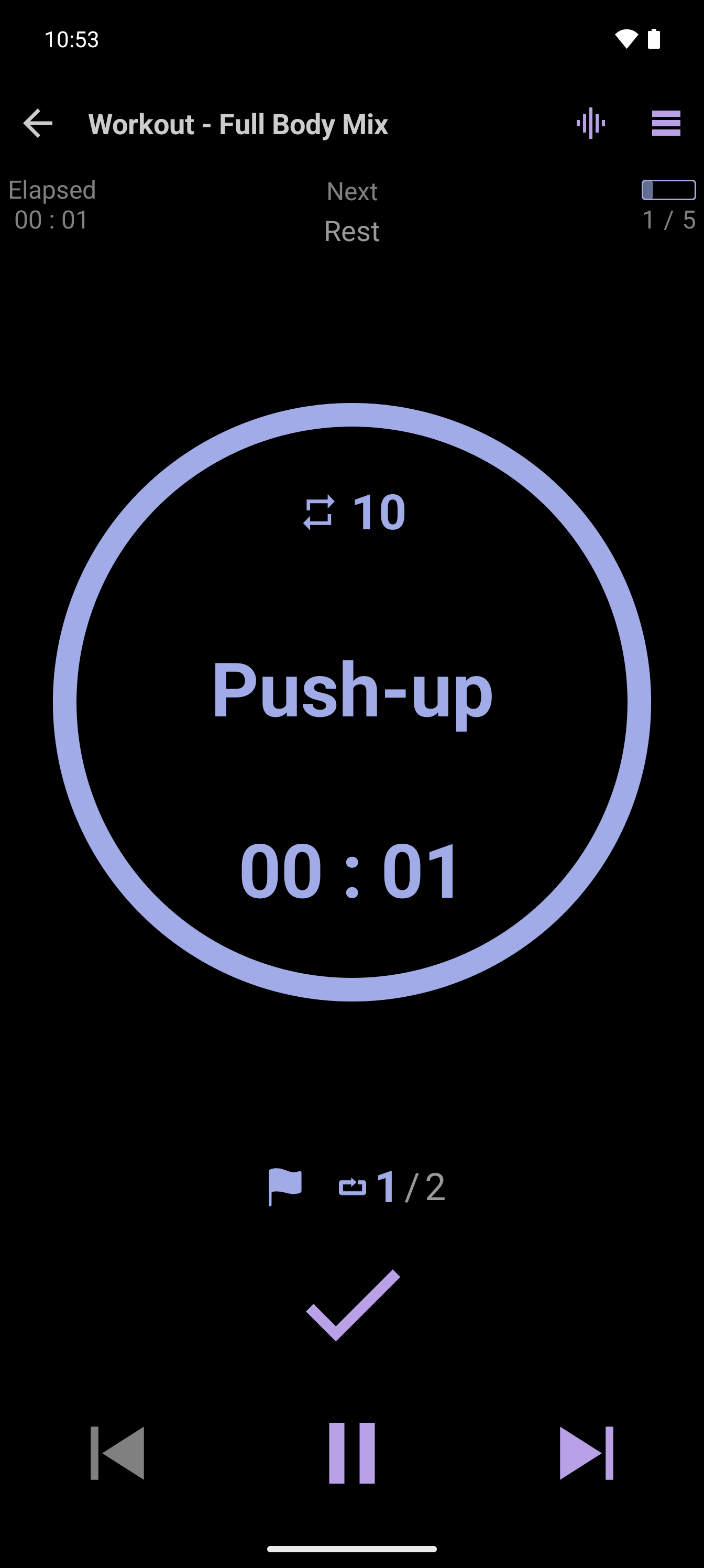 CrazyFit Simple Workout Player running the Full Body Mix workout with Push-up as the current exercise