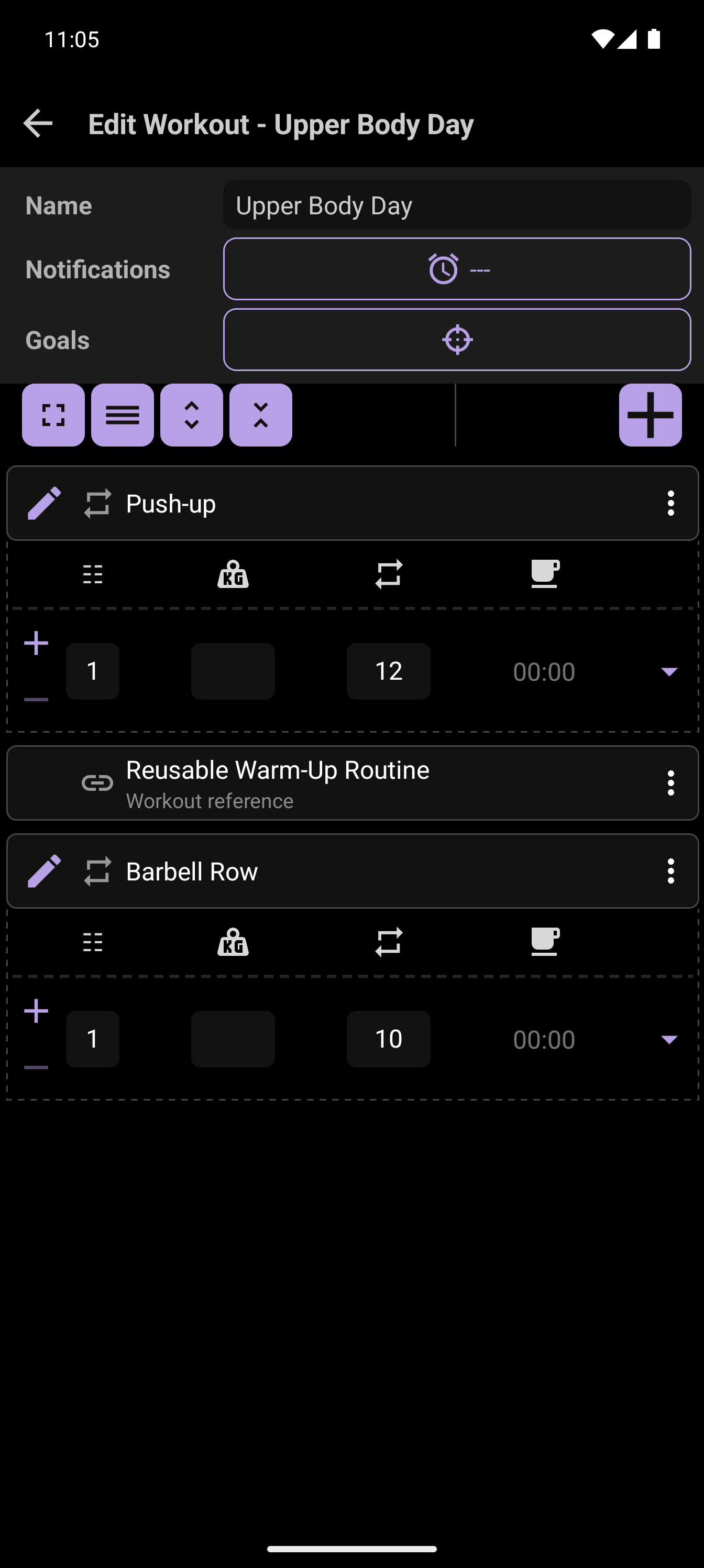 CrazyFit workout editor showing a reusable warm-up referenced in Upper Body Day
