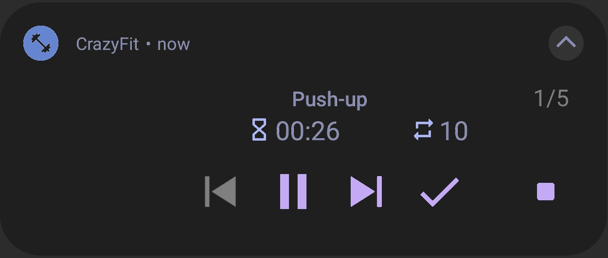 Dark themed CrazyFit Android workout notification with workout status and playback controls
