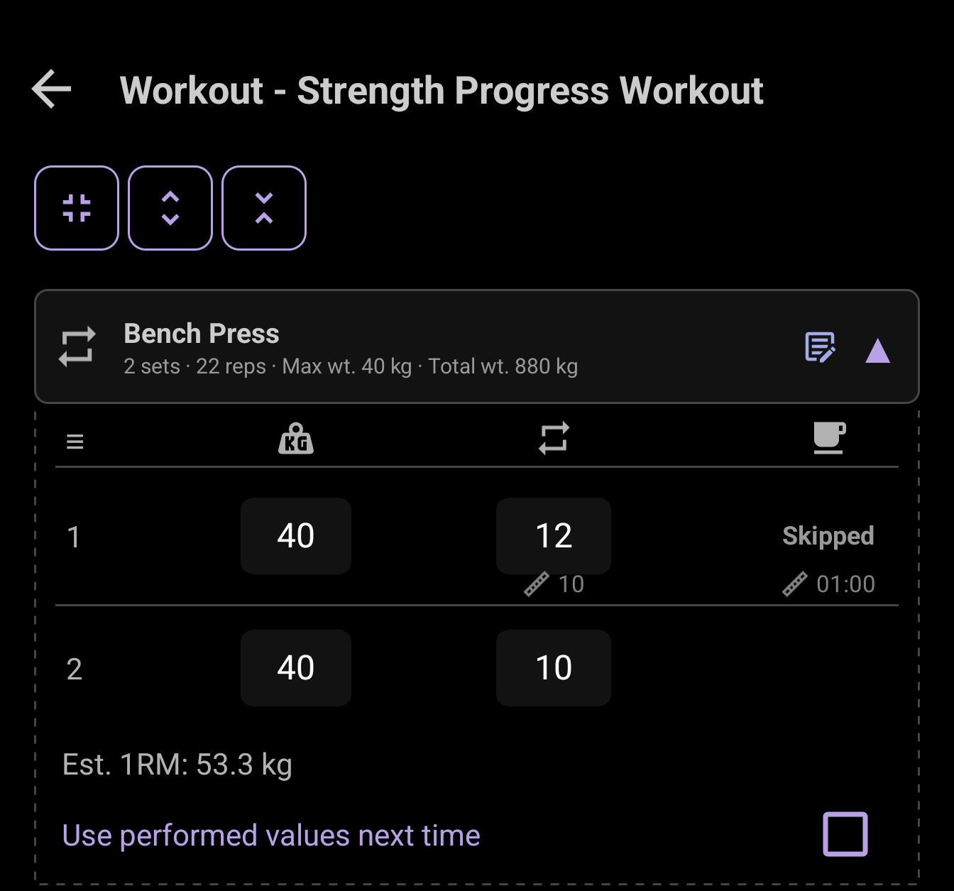 CrazyFit workout-end review showing the screen header and one completed Bench Press exercise panel