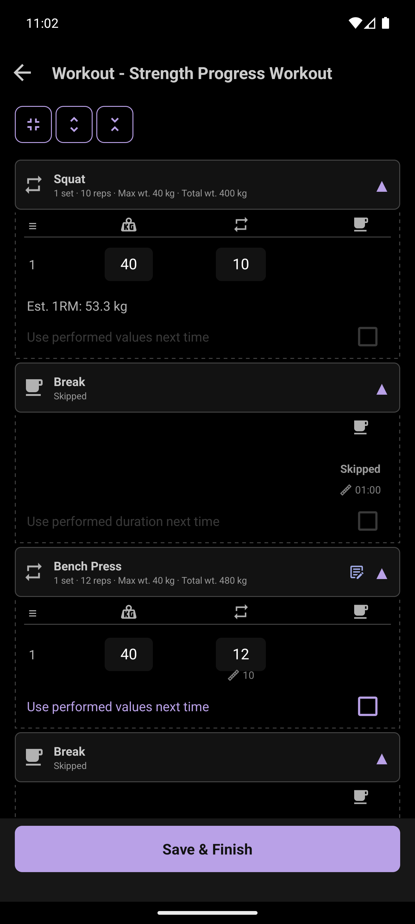 Workout-end review showing Bench Press changed from 10 to 12 reps