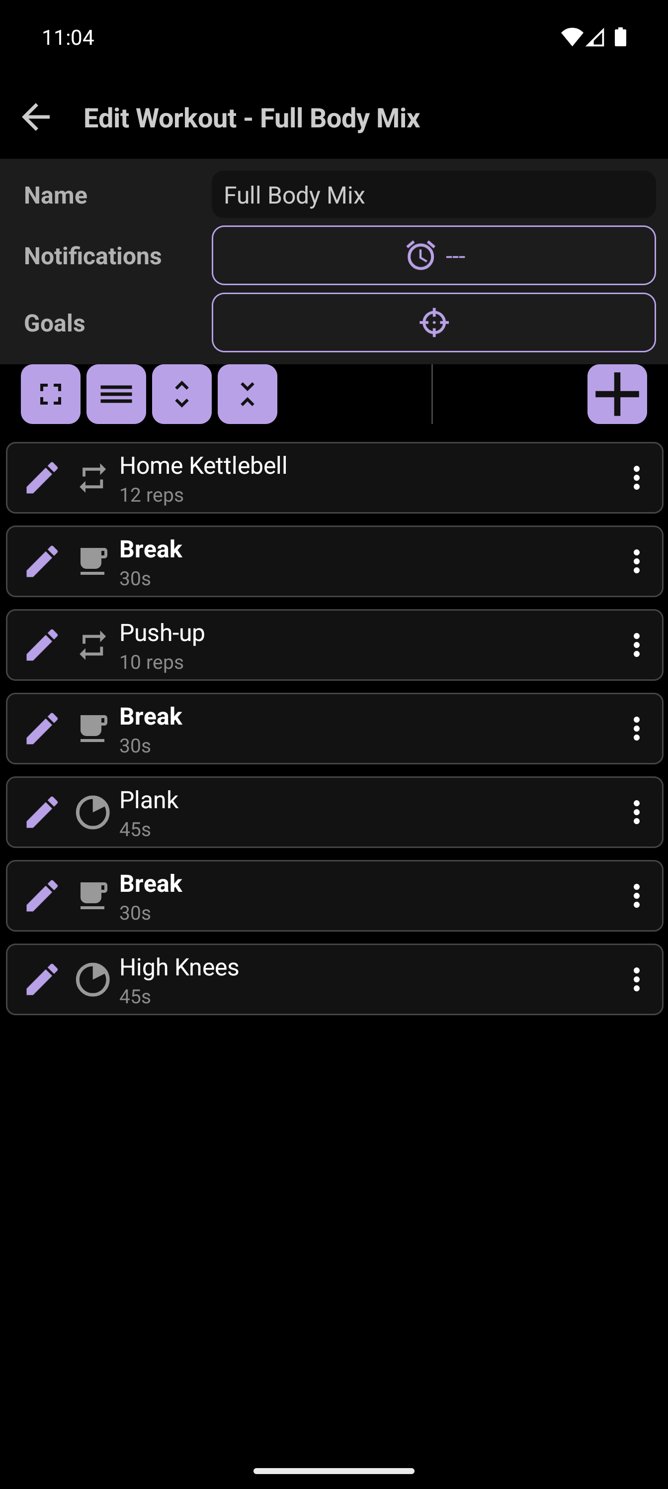 CrazyFit workout builder showing a custom exercise