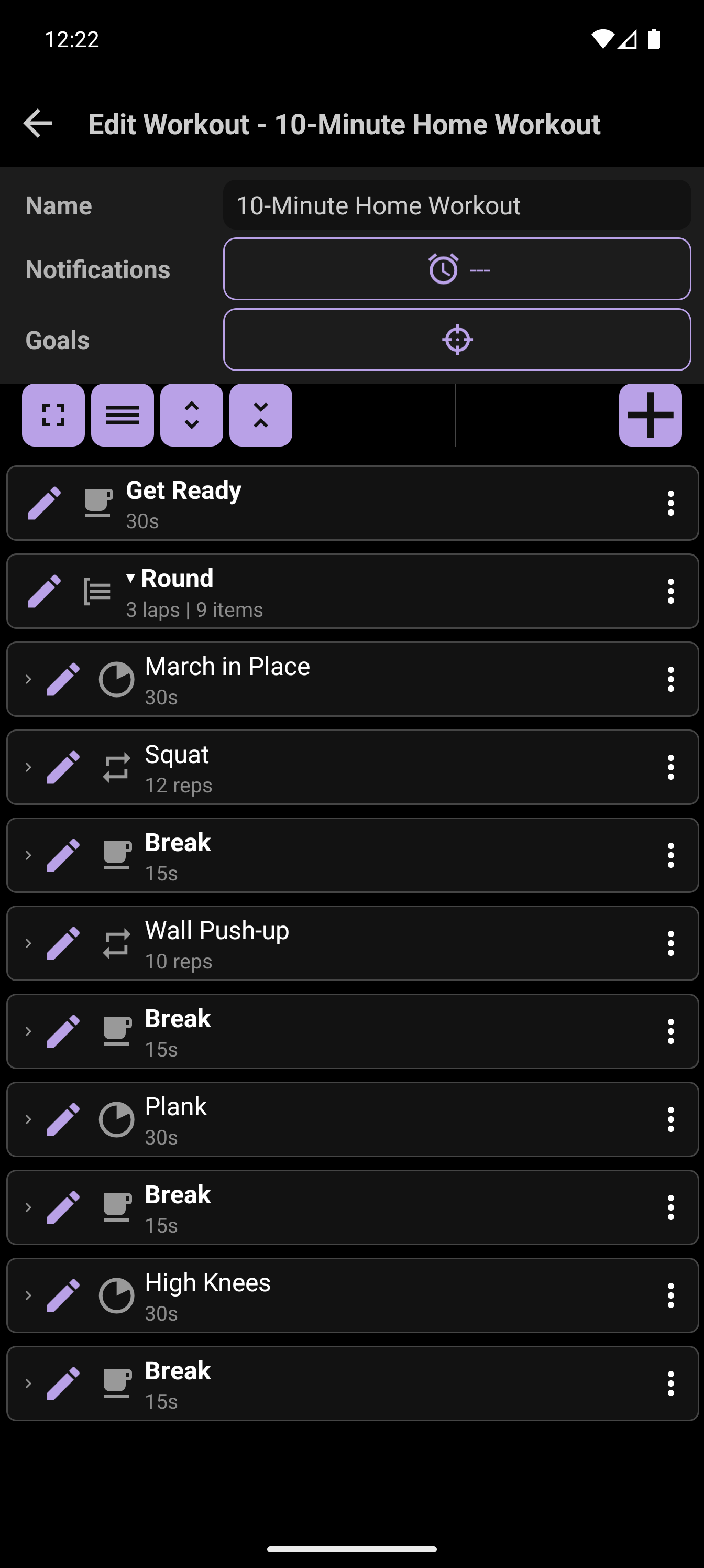 CrazyFit workout builder showing the 10-minute home workout
