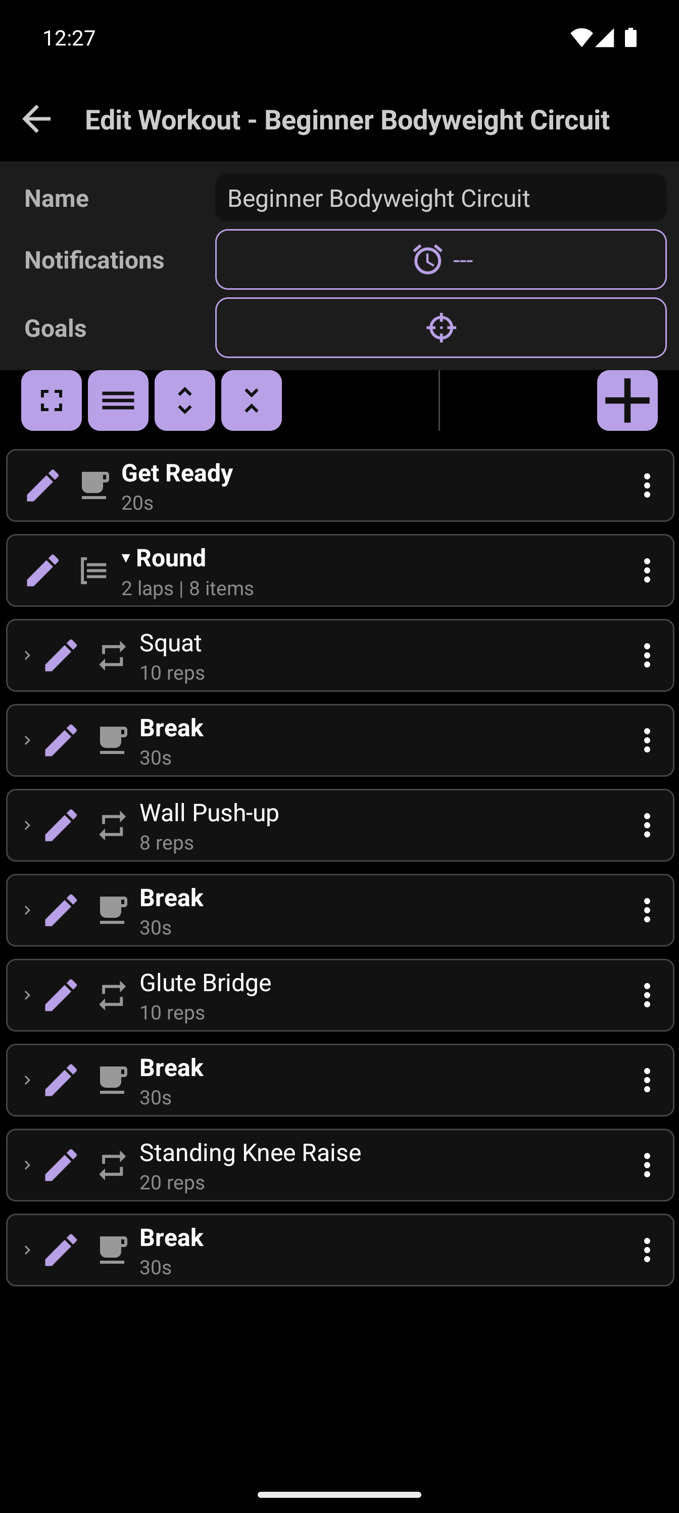 CrazyFit workout builder showing the beginner bodyweight circuit