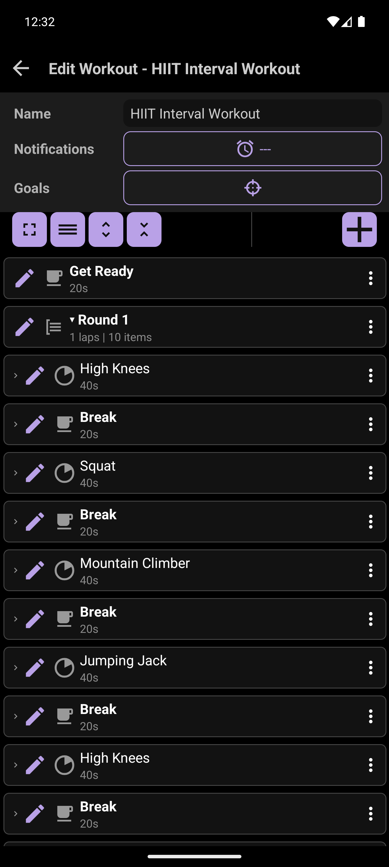 CrazyFit workout builder showing a HIIT interval sequence