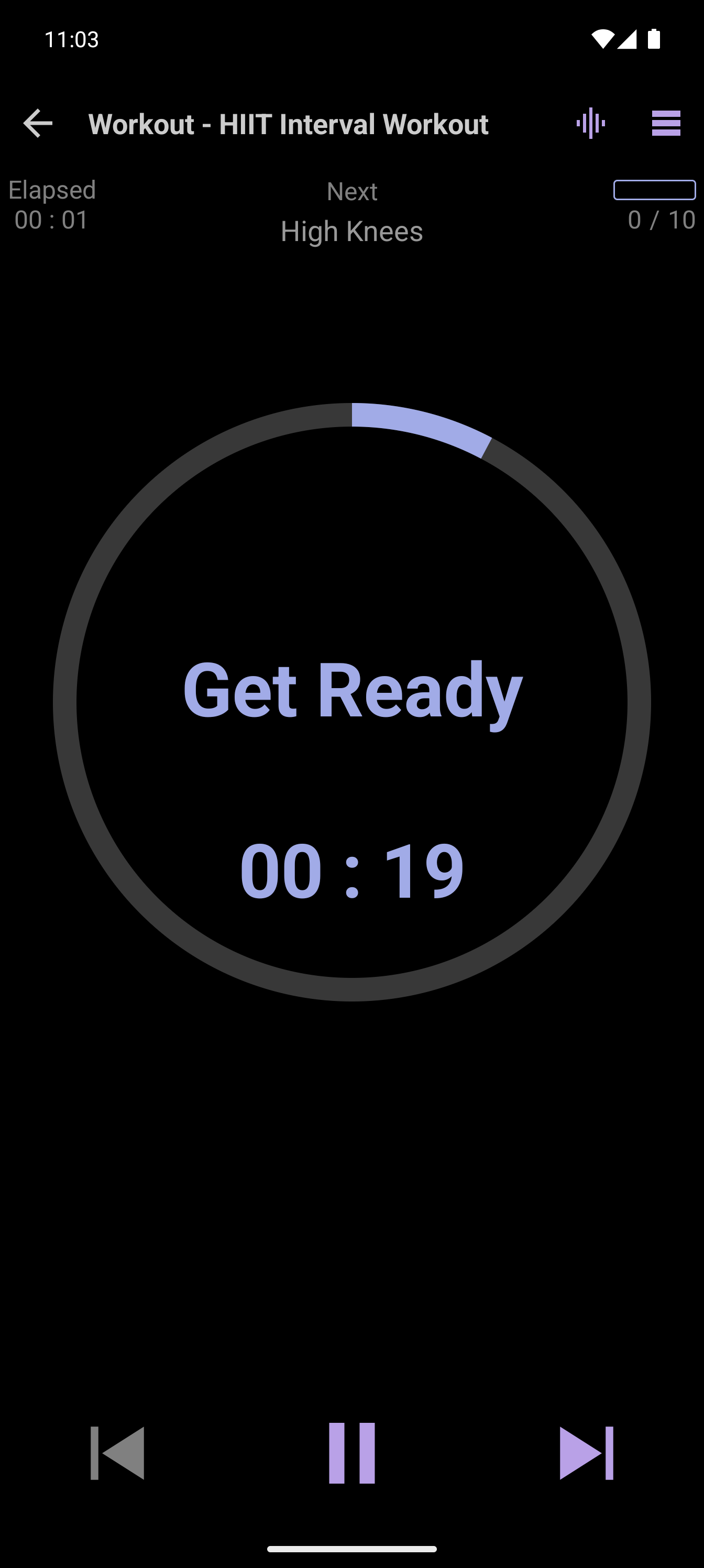 CrazyFit player showing a timed HIIT interval
