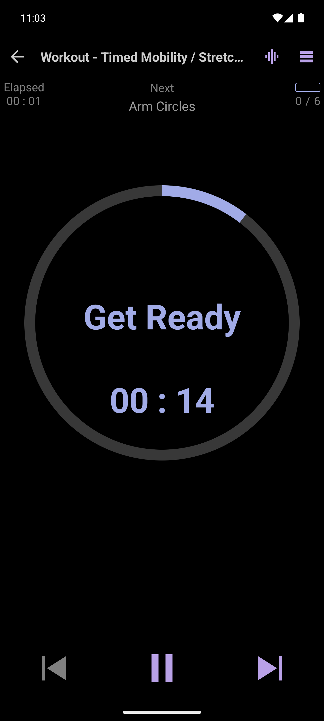 CrazyFit player showing the timed mobility routine