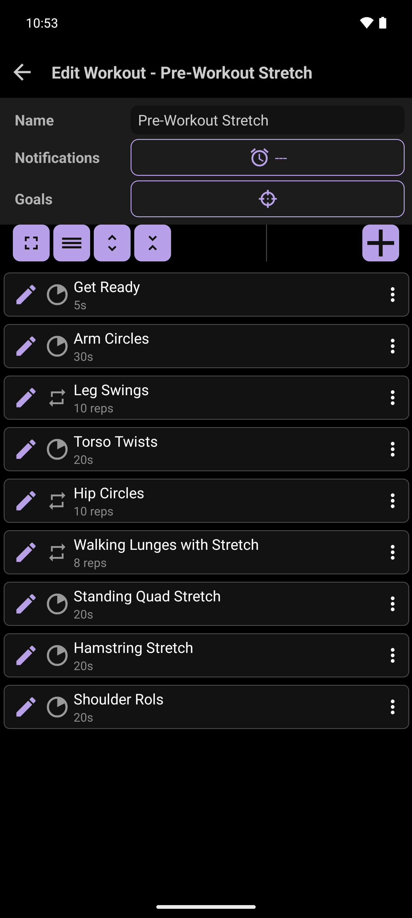 CrazyFit Edit Workout screen with timed and repetition-based exercises