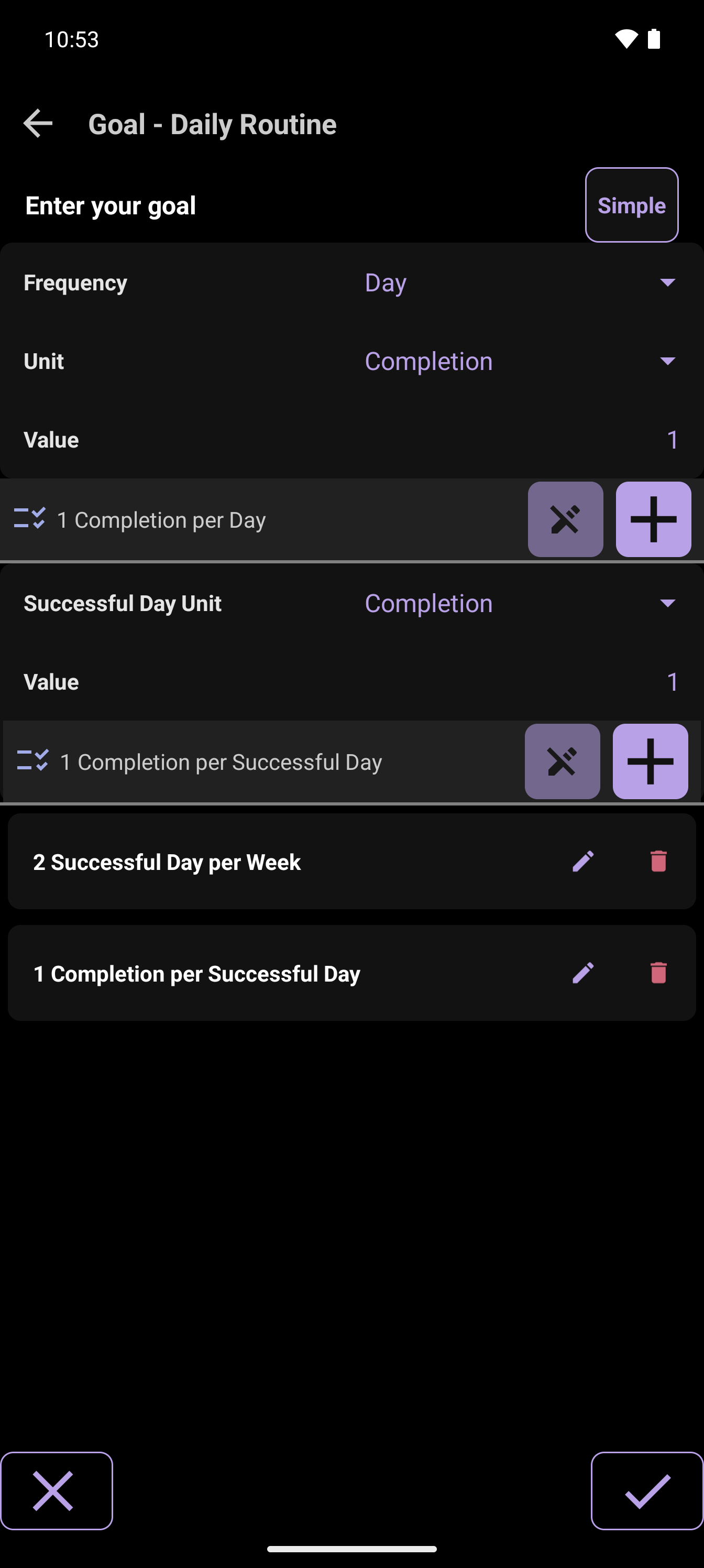 CrazyFit Goal screen showing configurable workout completion goals