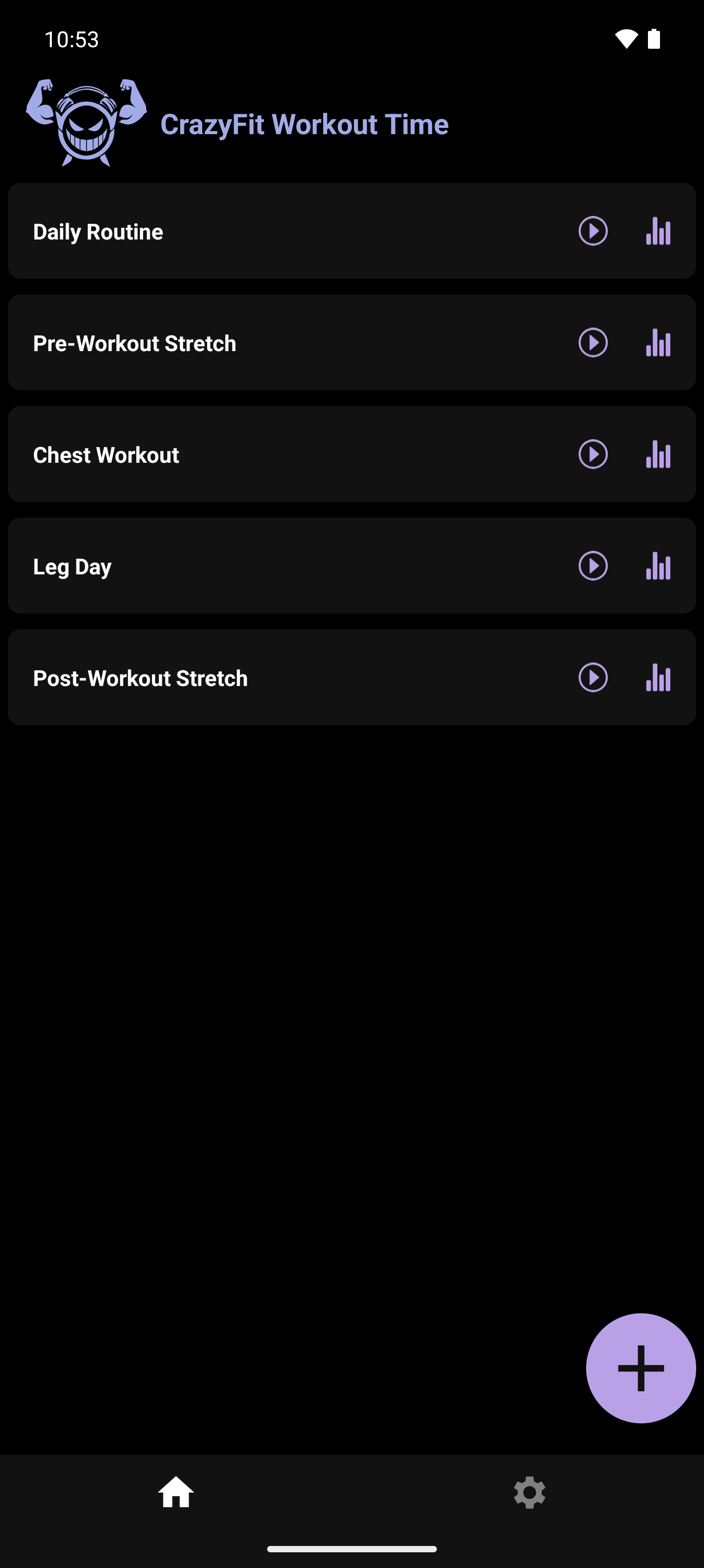 CrazyFit Workout Time home screen showing a list of reusable workouts