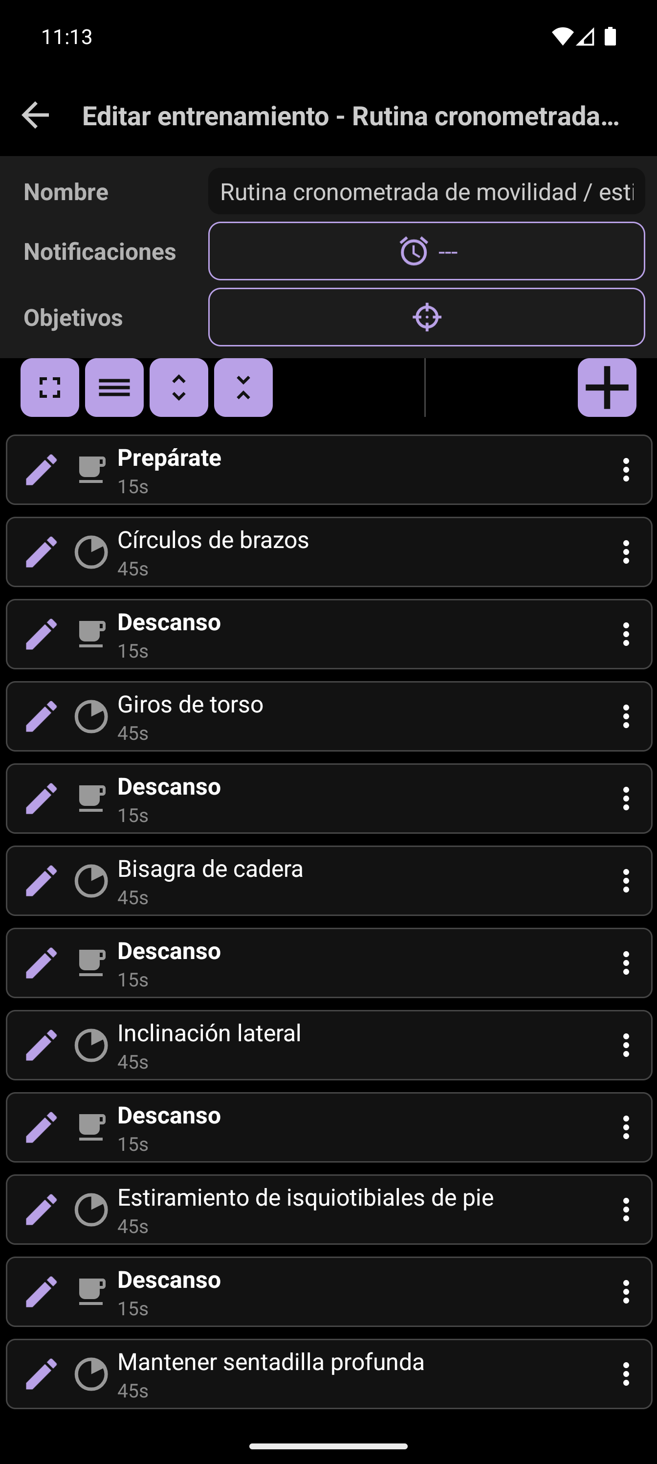 Creador de entrenamientos de CrazyFit mostrando la secuencia de movilidad cronometrada