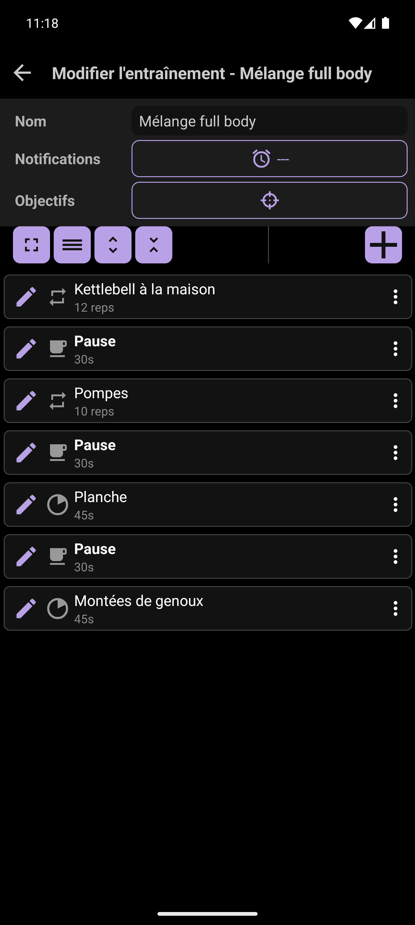 Créateur d'entraînement CrazyFit affichant un exercice personnalisé