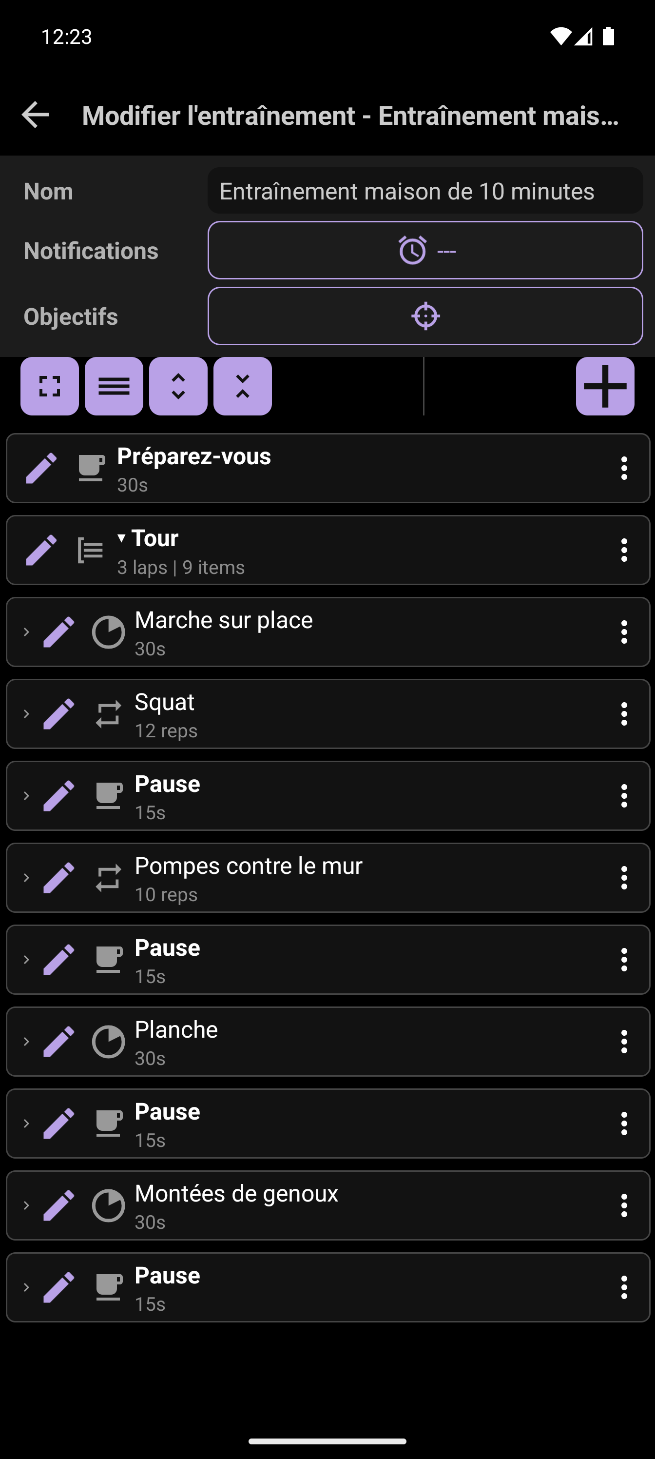 Créateur d'entraînement CrazyFit affichant la séance de 10 minutes à domicile