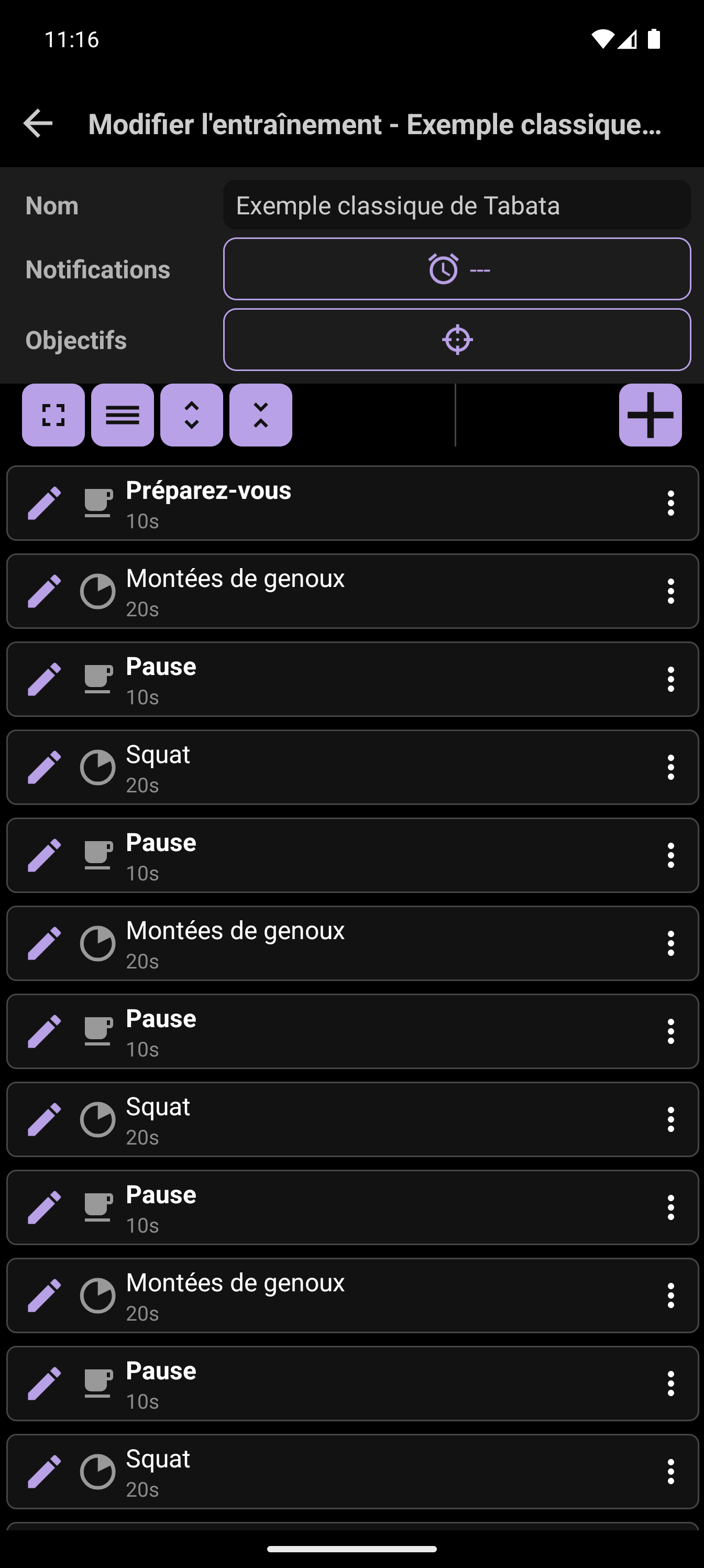 Créateur d'entraînement CrazyFit affichant les intervalles de travail et de repos Tabata regroupés