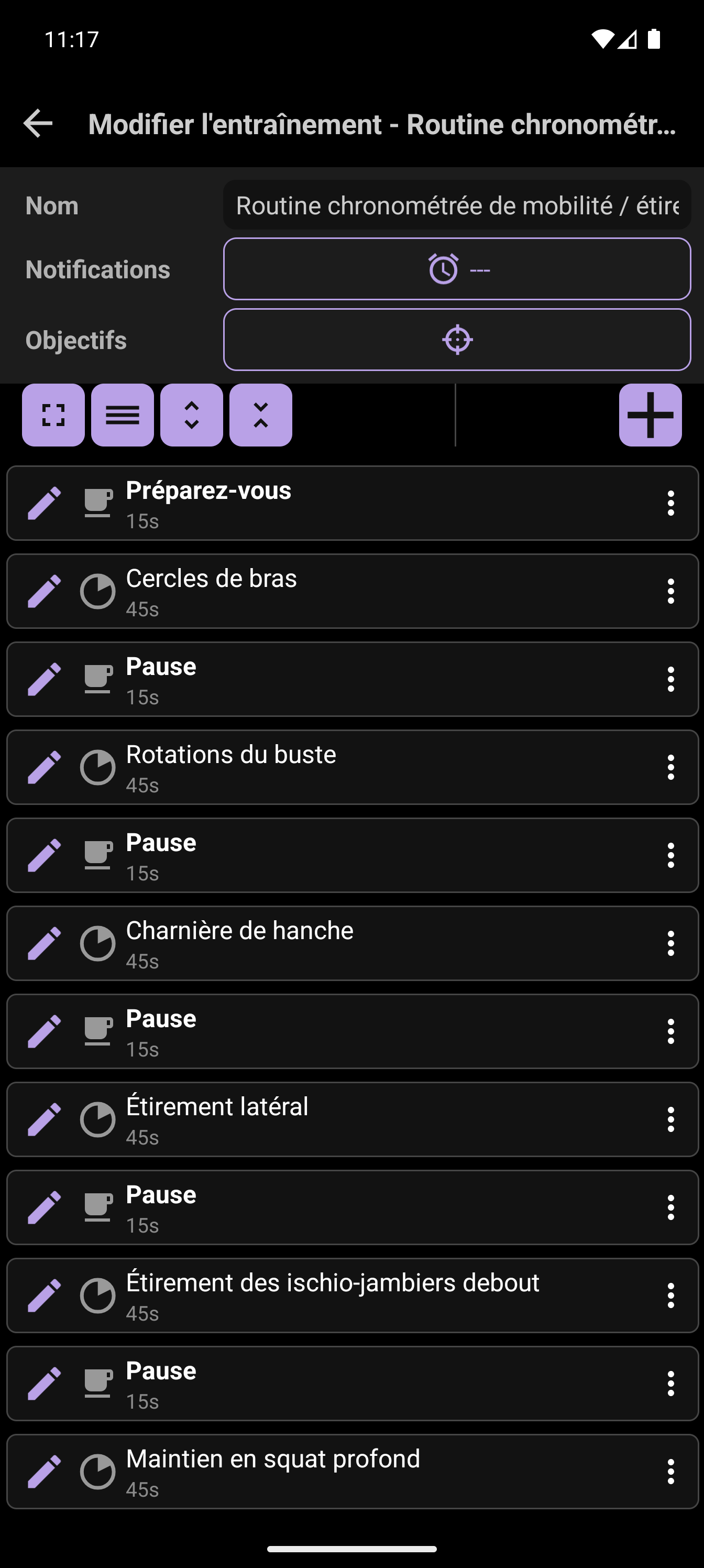 Créateur d'entraînement CrazyFit affichant la séquence de mobilité chronométrée