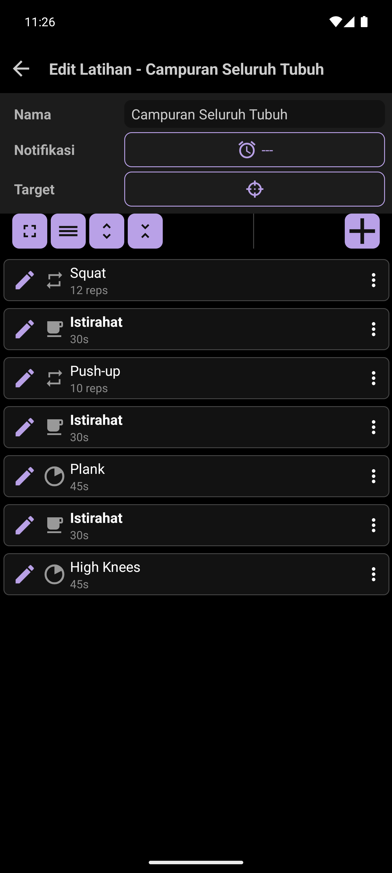 Editor latihan CrazyFit yang menampilkan latihan kustom dengan gerakan berbasis waktu dan repetisi