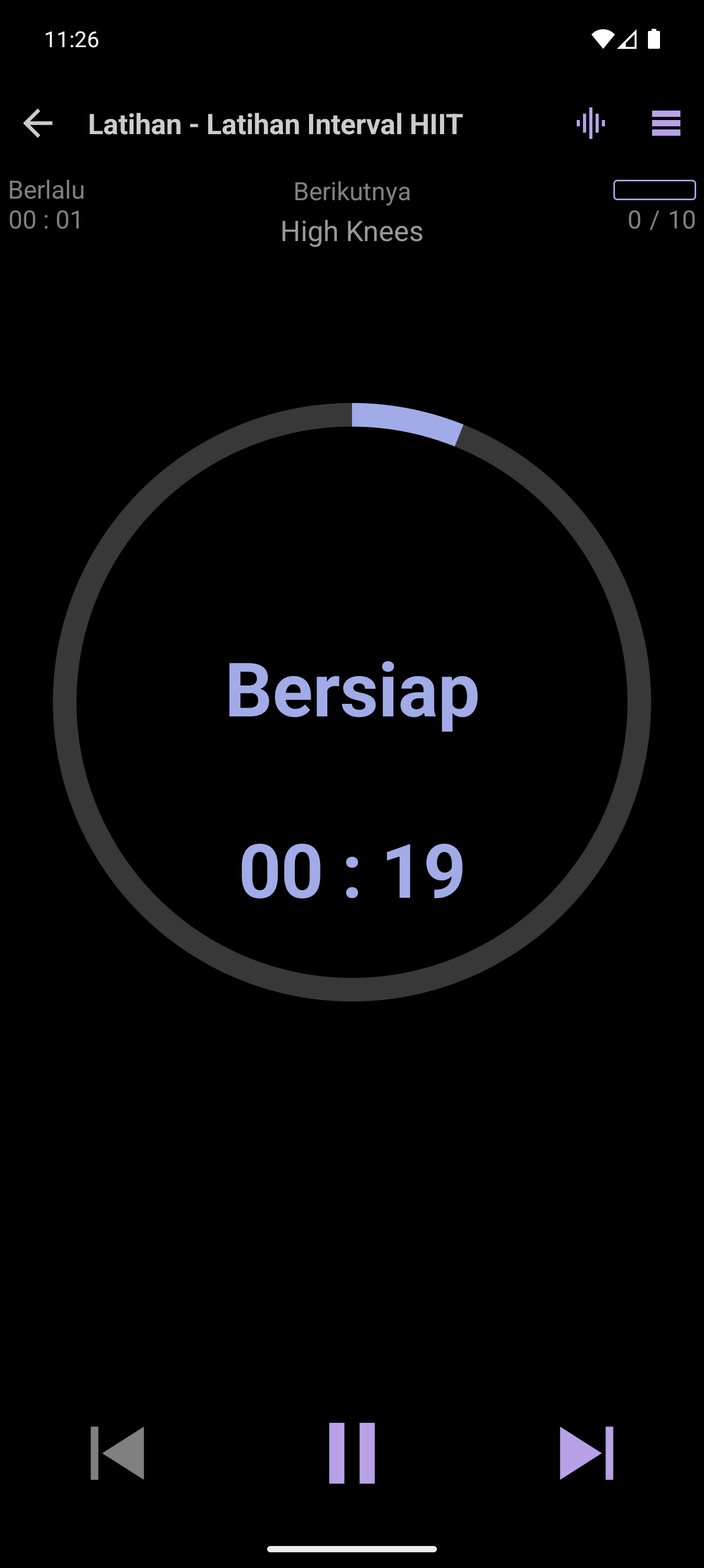 Pemutar CrazyFit yang menampilkan interval HIIT berbasis waktu