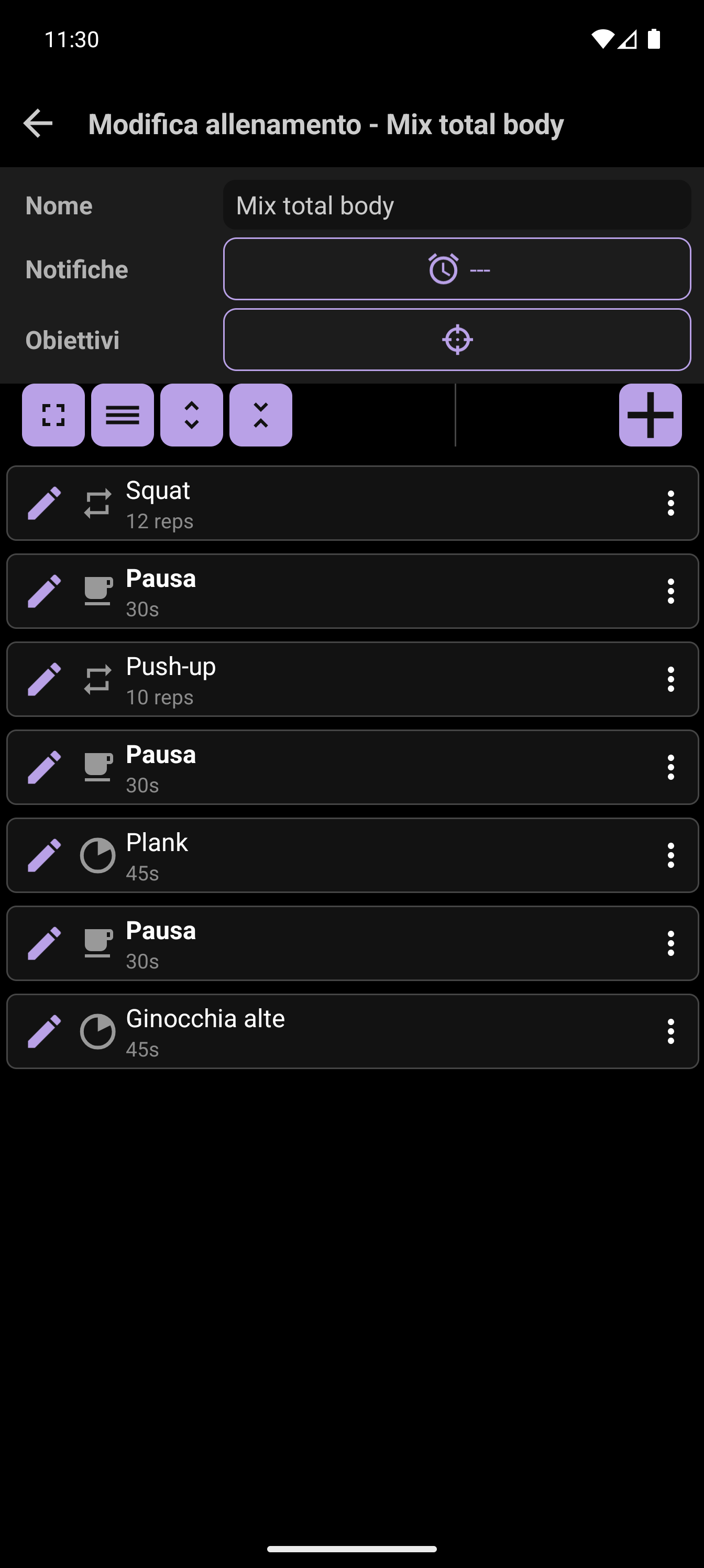 Editor di allenamenti CrazyFit con un allenamento personalizzato che include esercizi a tempo e a ripetizione
