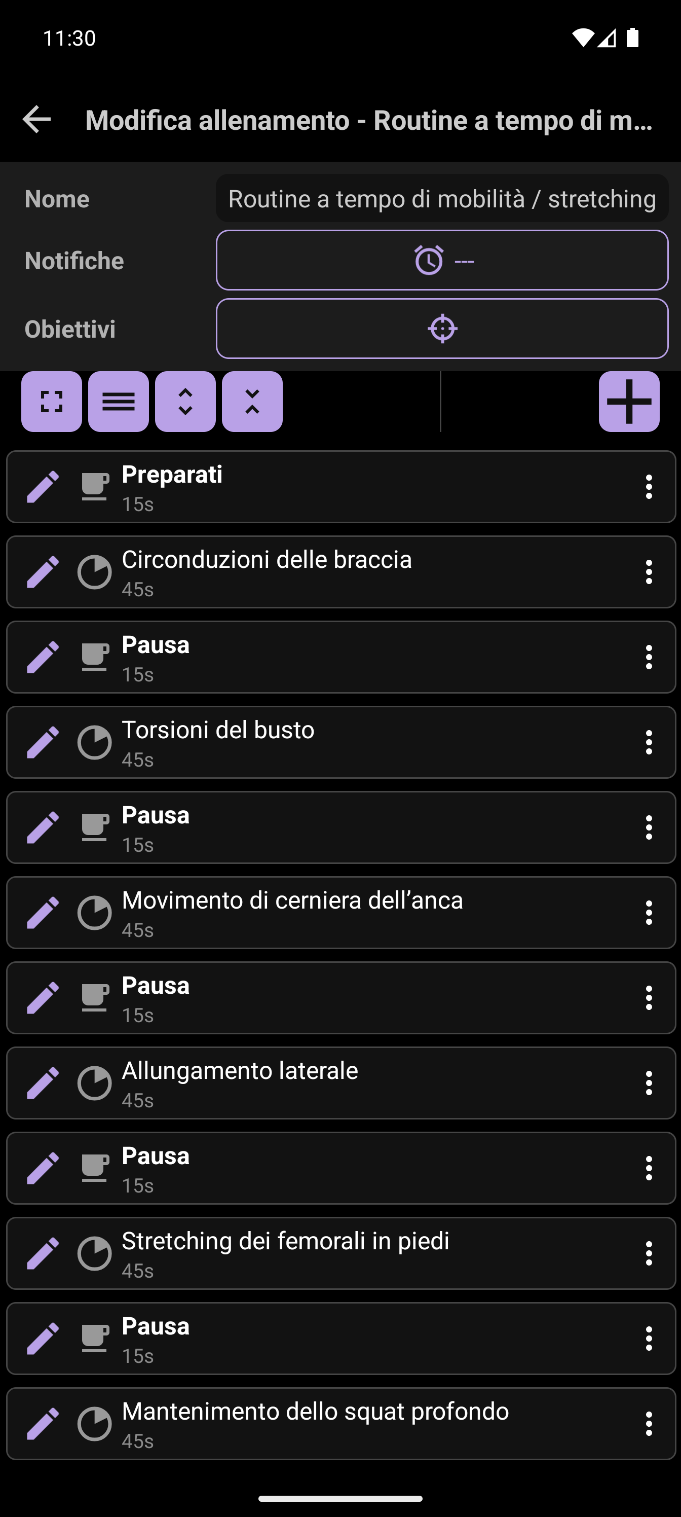 Generatore di allenamenti CrazyFit con la sequenza di mobilità a tempo