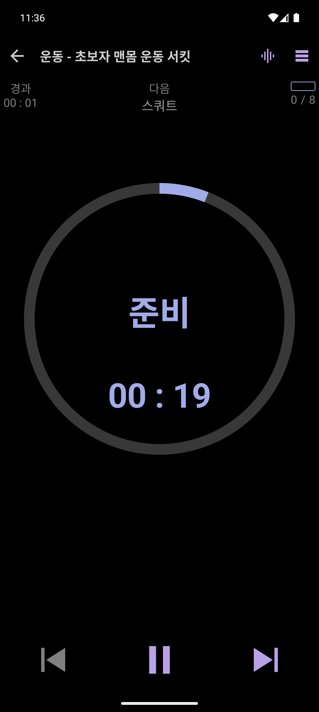 초보자용 맨몸 운동 서킷을 실행 중인 CrazyFit 심플 플레이어