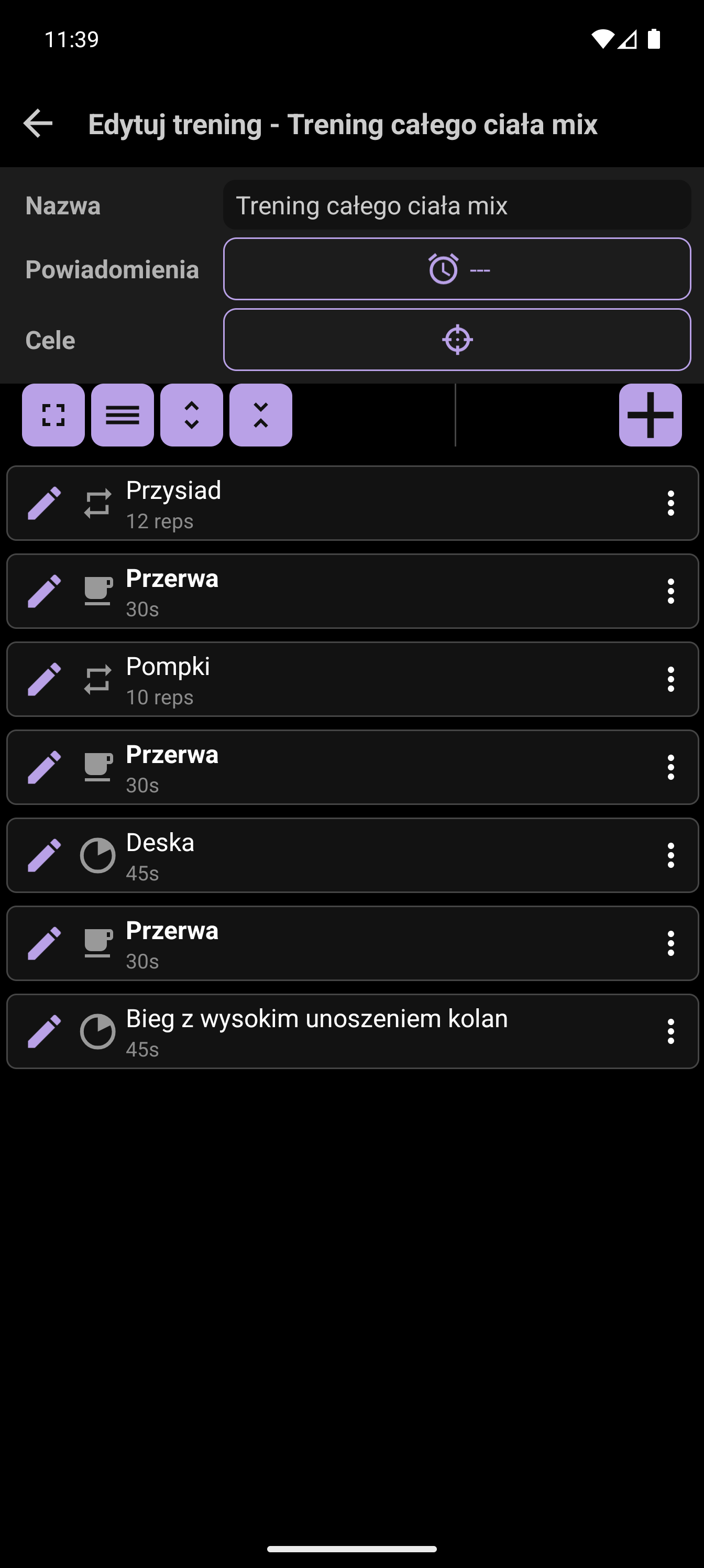 Edytor treningu CrazyFit z widokiem treningu własnego zawierającego ćwiczenia na czas i na powtórzenia