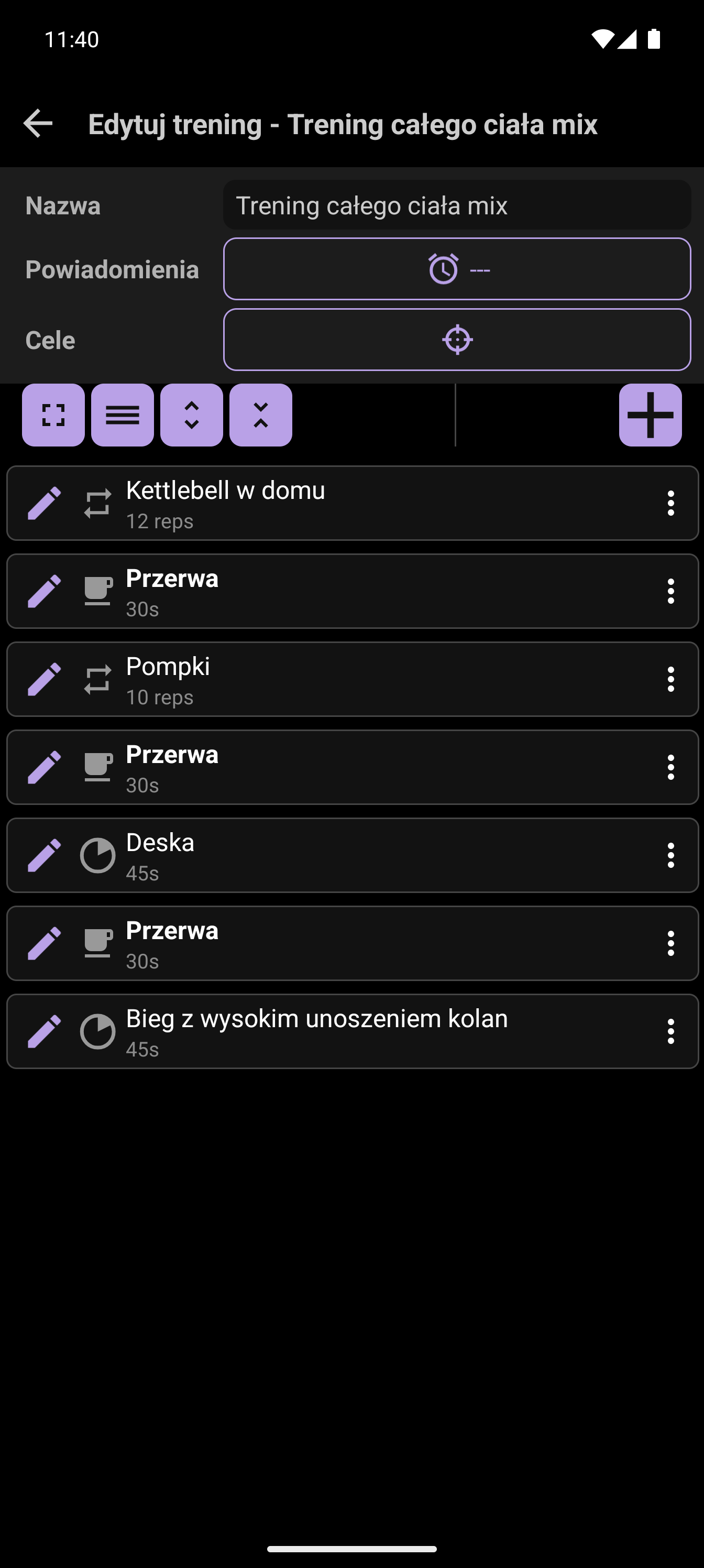 Kreator treningu CrazyFit z widokiem ćwiczenia własnego