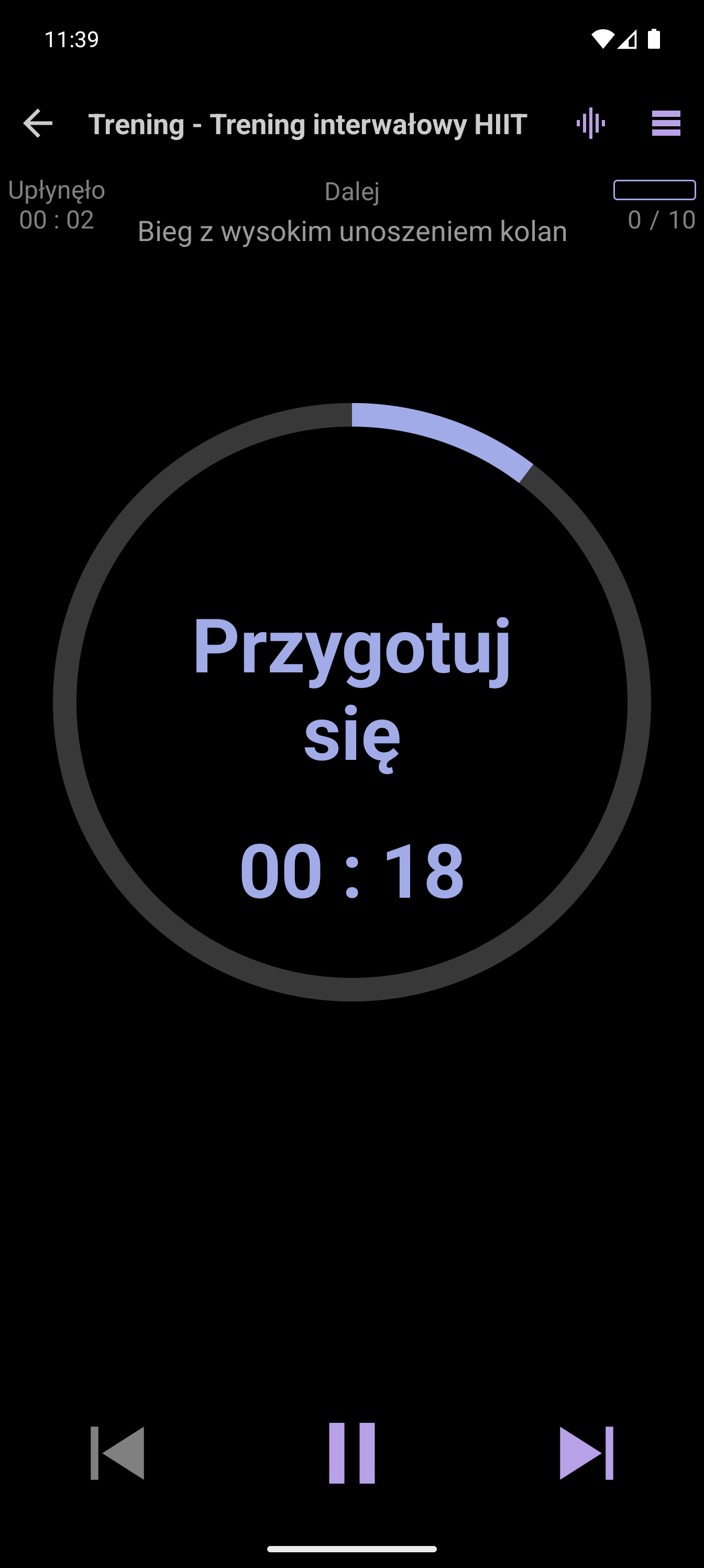 Odtwarzacz CrazyFit prezentujący interwał HIIT z określonym czasem trwania