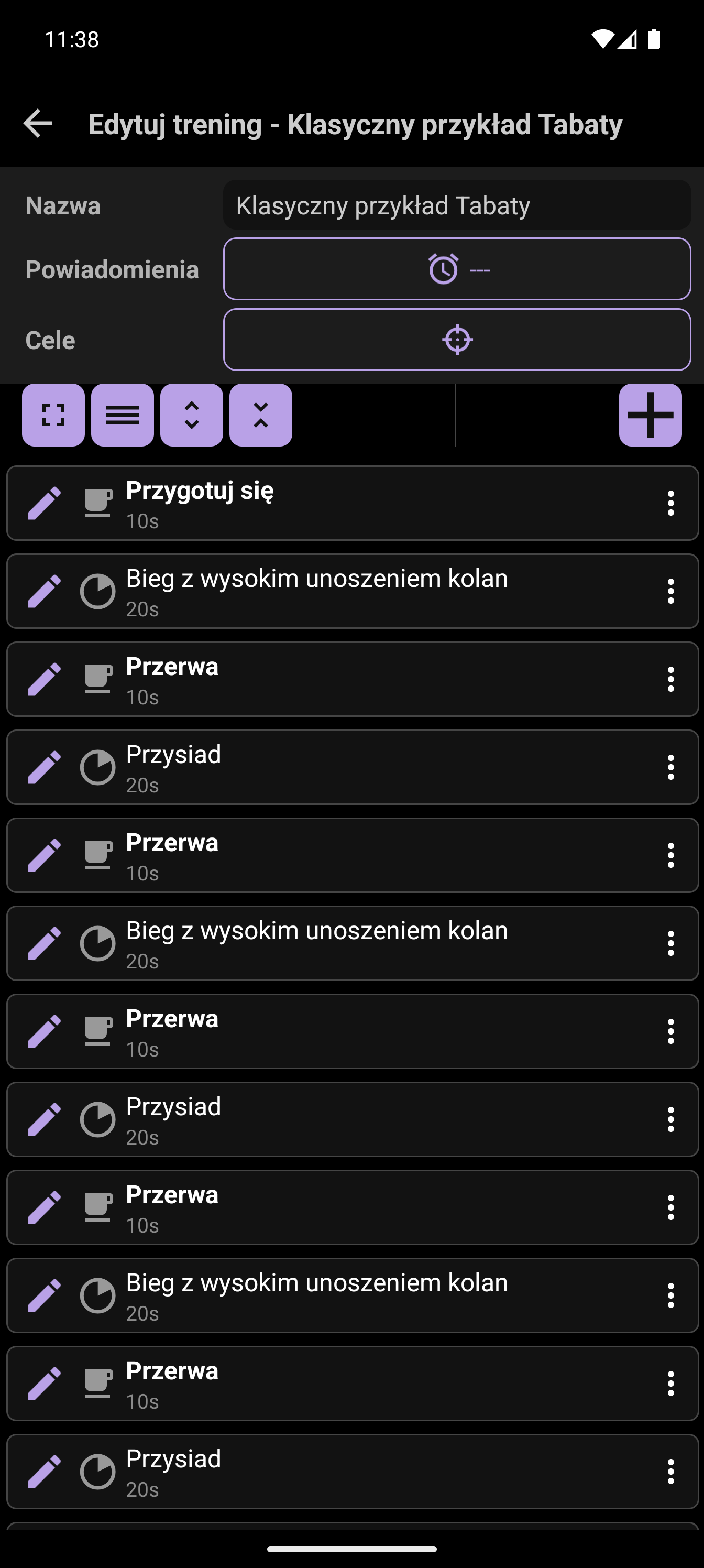 Kreator treningu CrazyFit z widokiem zwiniętych interwałów pracy i odpoczynku Tabata