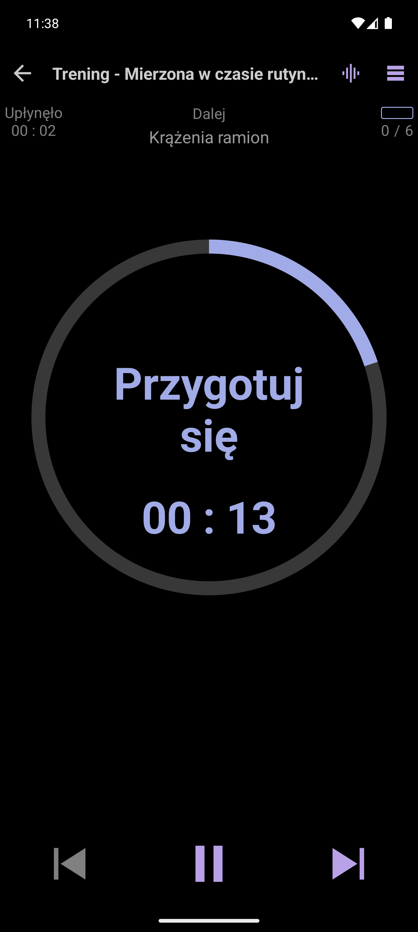 Odtwarzacz CrazyFit prezentujący sesję poprawy mobilności z określonym czasem trwania