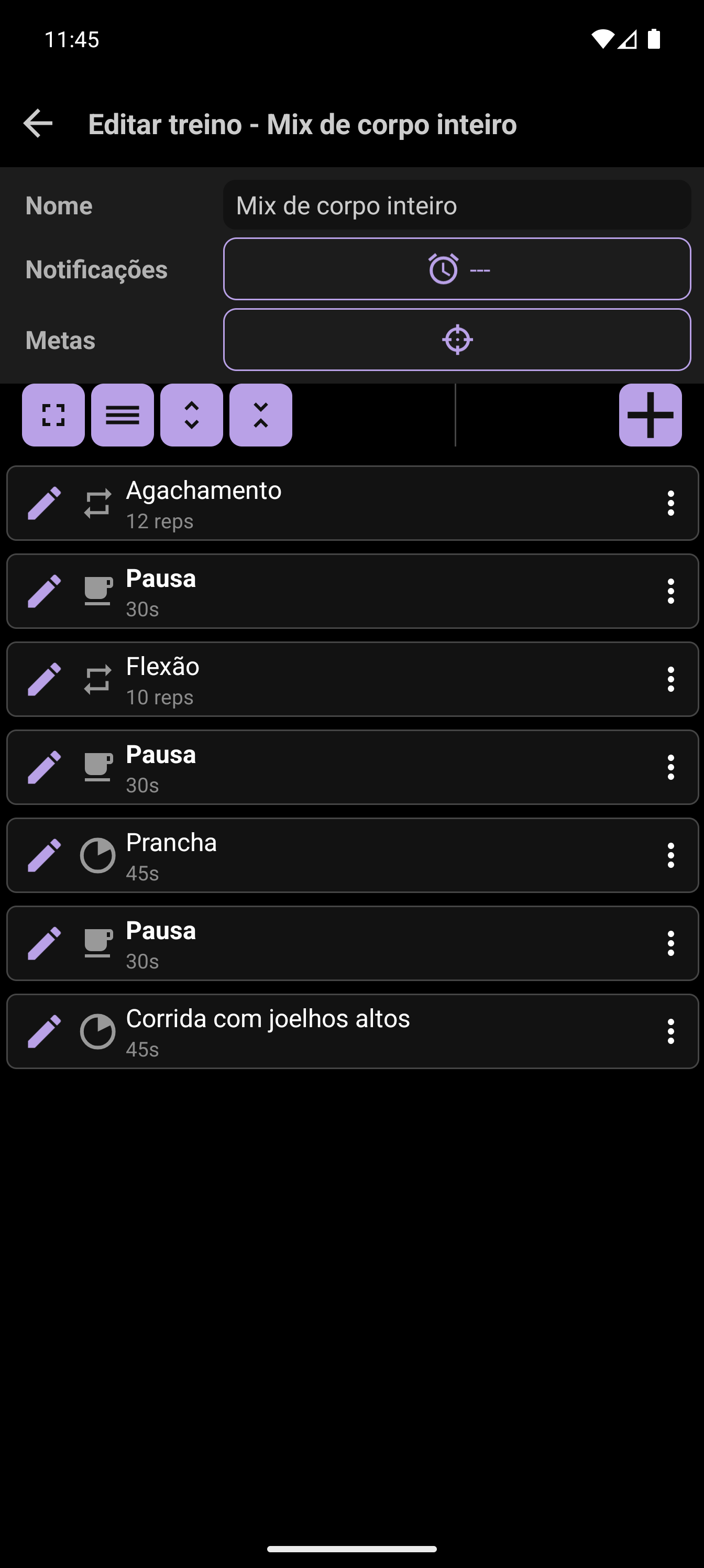 Editor de treinos do CrazyFit exibindo um treino personalizado com exercícios cronometrados e por repetição