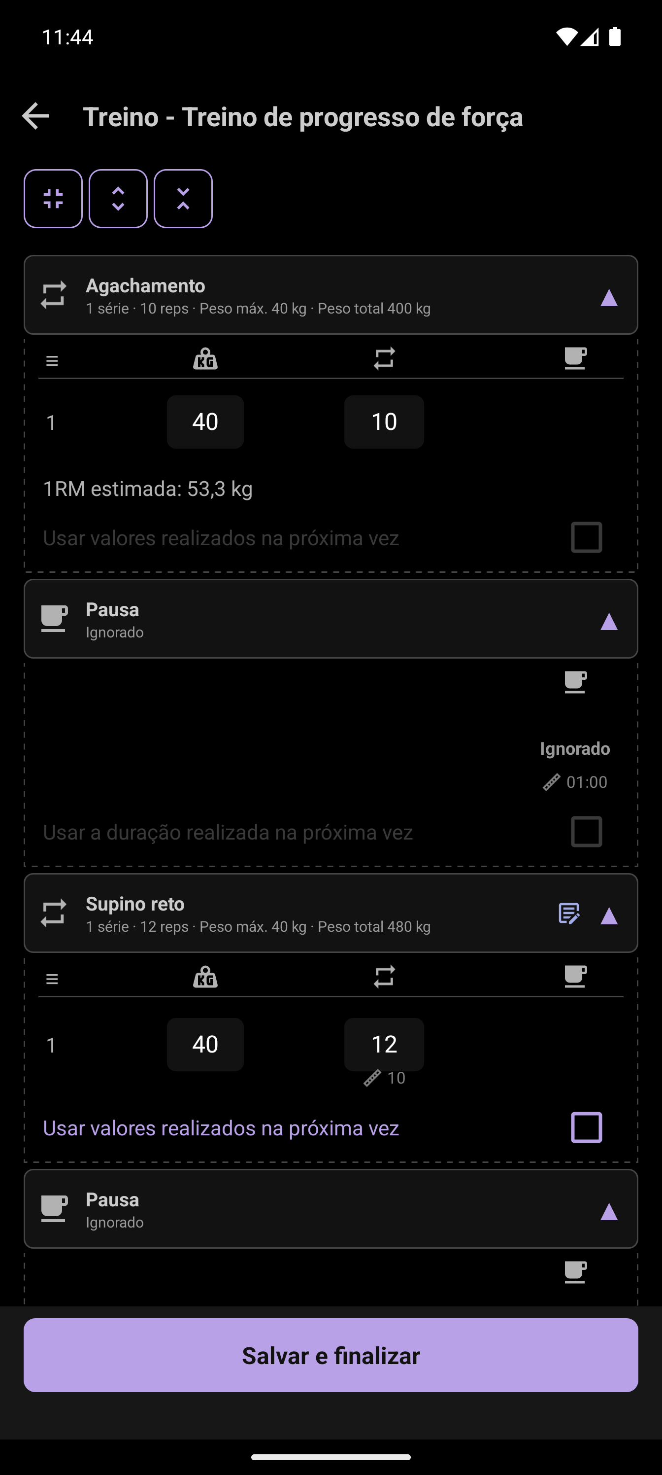Resumo pós-treino mostrando a alteração do Supino de 10 para 12 repetições