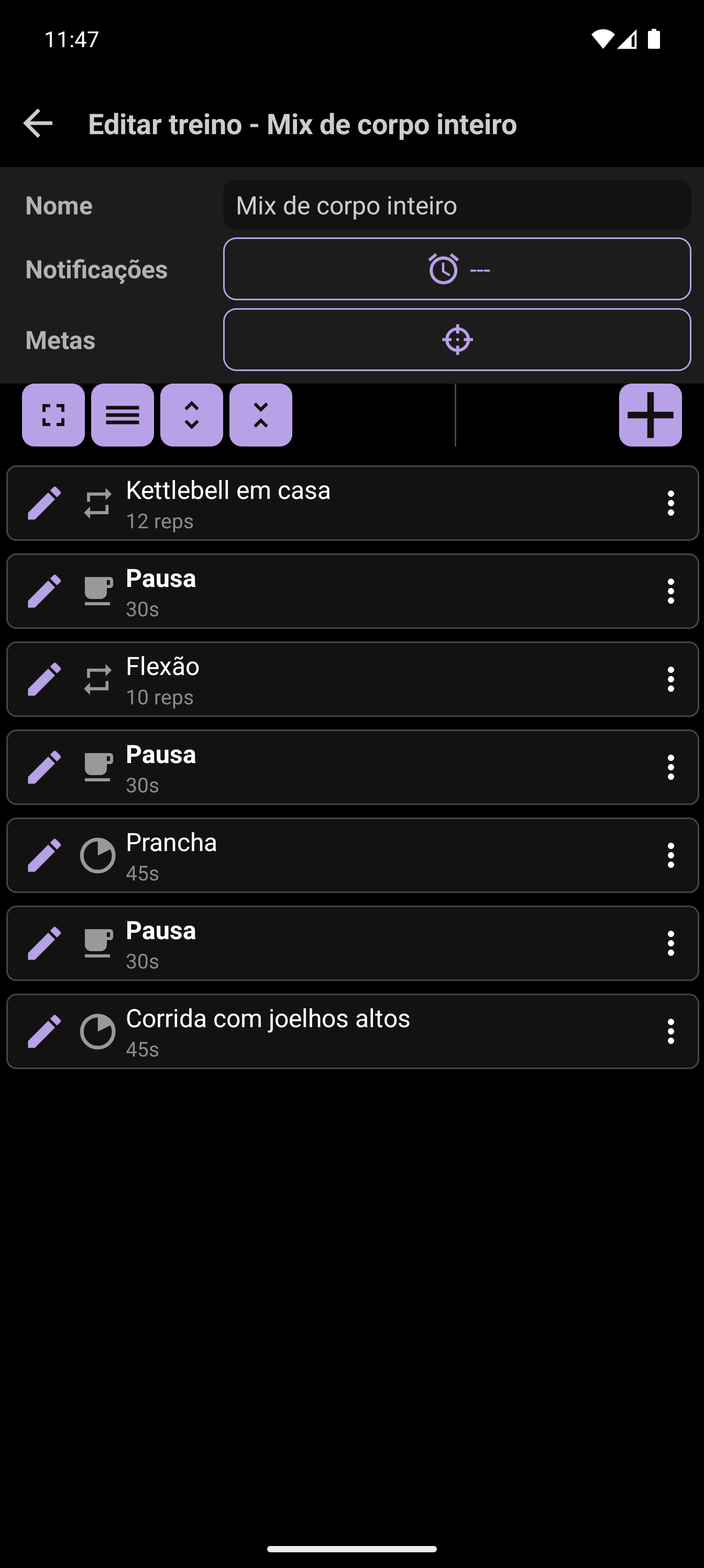 Criador de treinos do CrazyFit exibindo um exercício personalizado