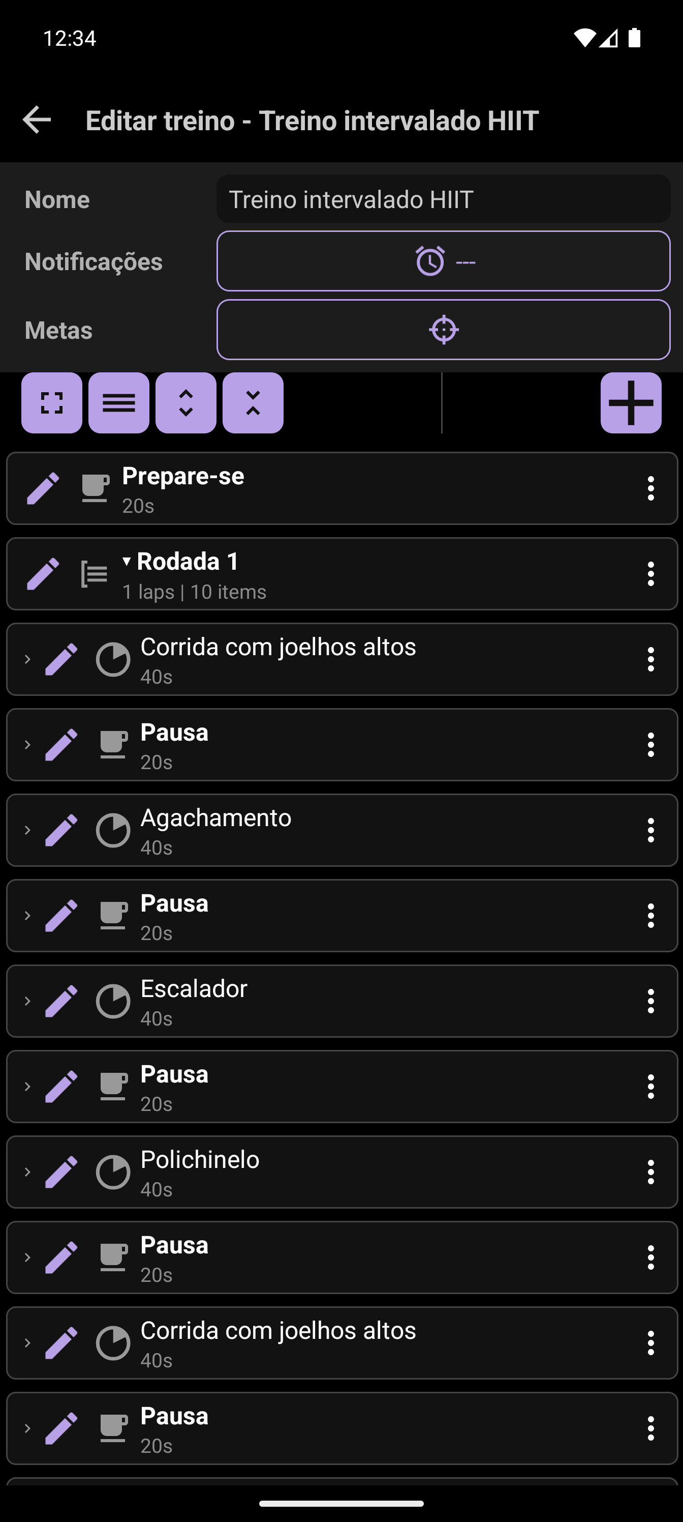 Criador de treinos do CrazyFit exibindo uma sequência de intervalos HIIT