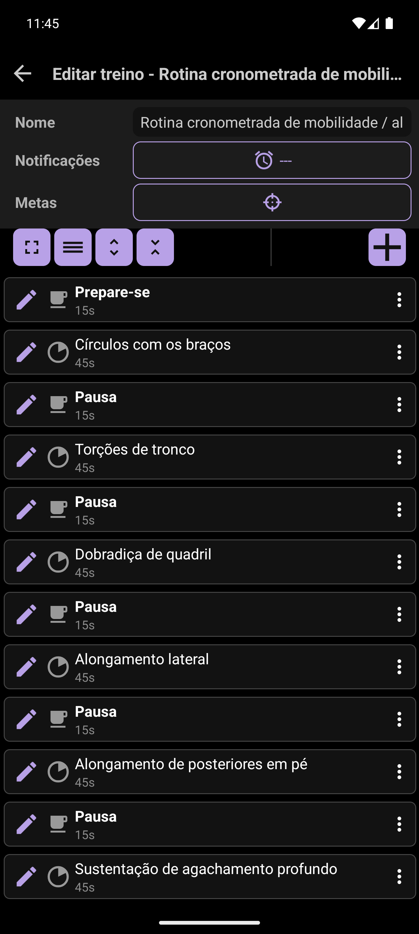 Criador de treinos do CrazyFit exibindo a sequência de mobilidade cronometrada