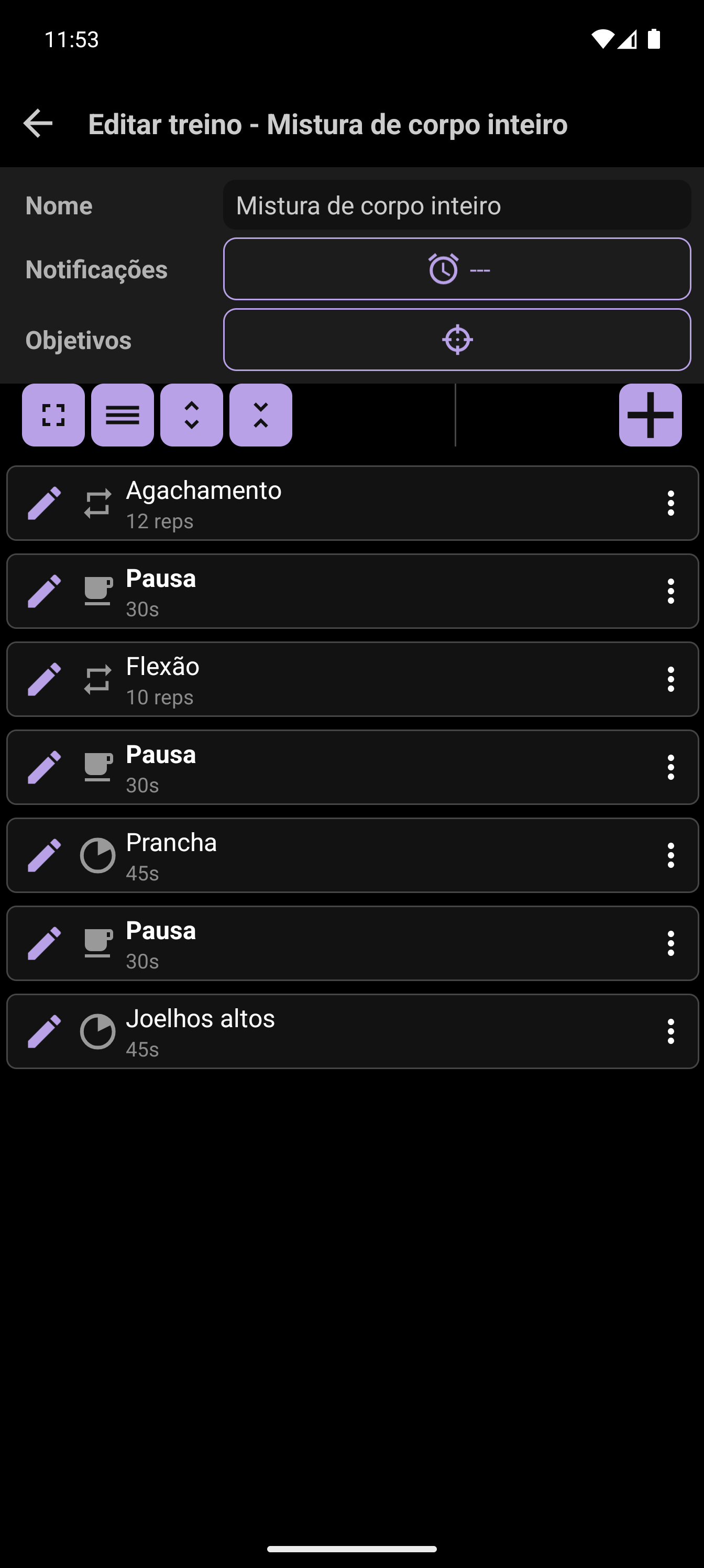 CrazyFit Editor de treino a mostrar um treino personalizado com exercícios cronometrados e repetições