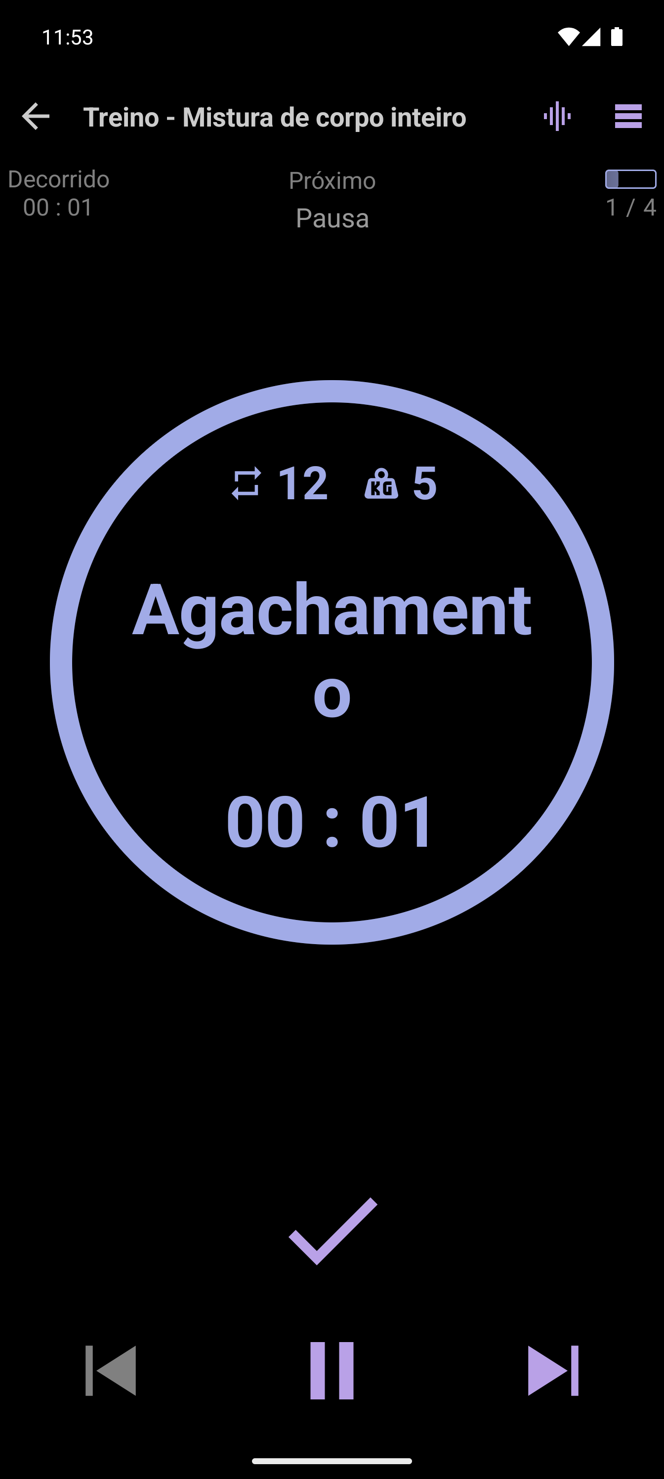 CrazyFit Simple Player a mostrar uma etapa do treino