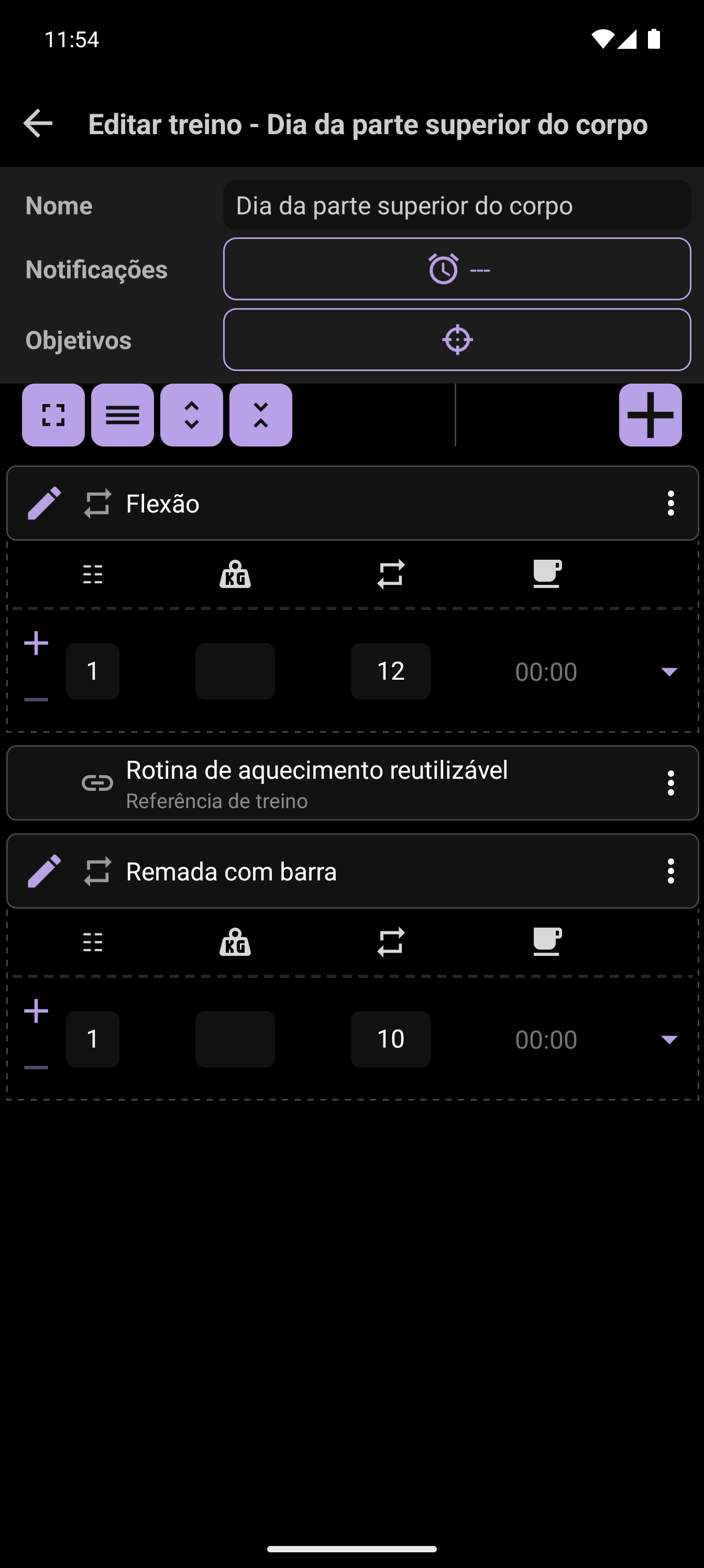 Editor de treino CrazyFit mostrando um aquecimento reutilizável referenciado no Dia de Treino da Parte Superior do Corpo