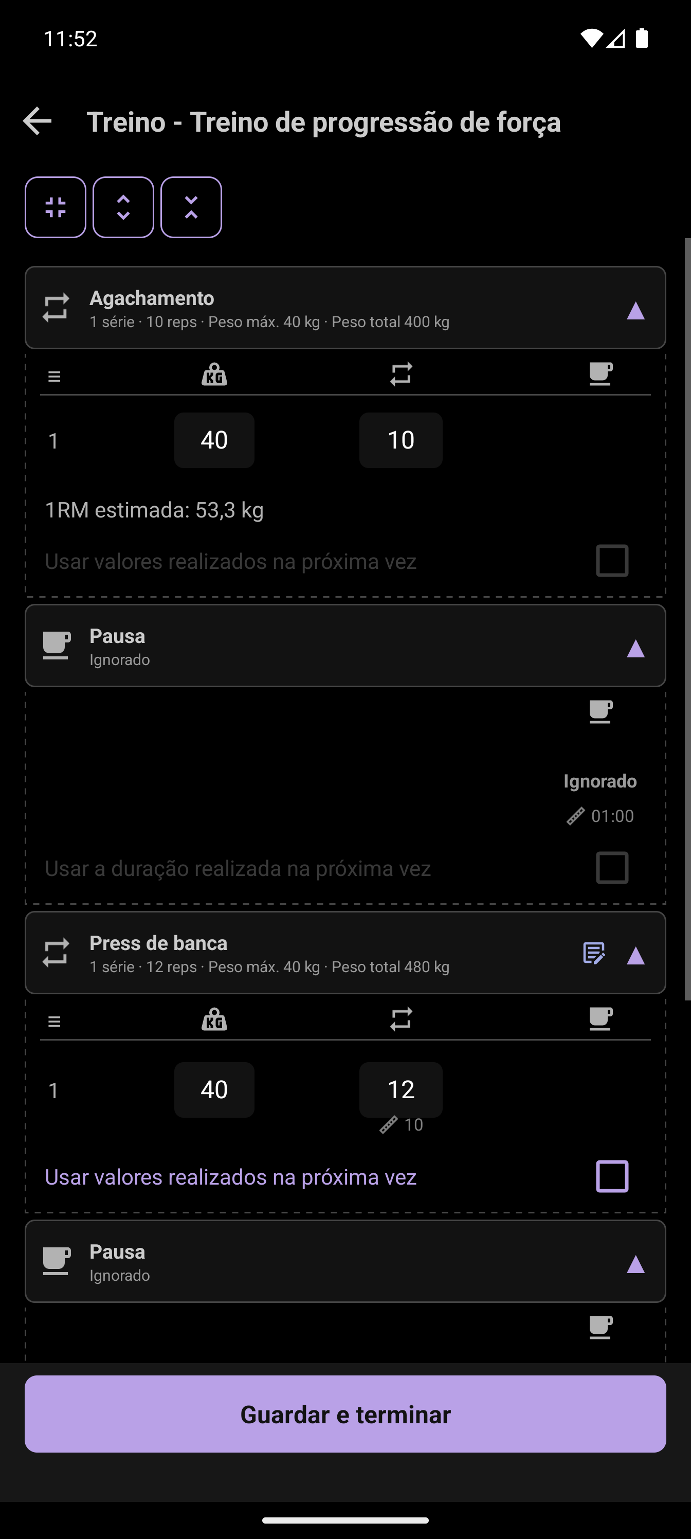 Análise do treino que mostra que o supino foi alterado de 10 para 12 repetições