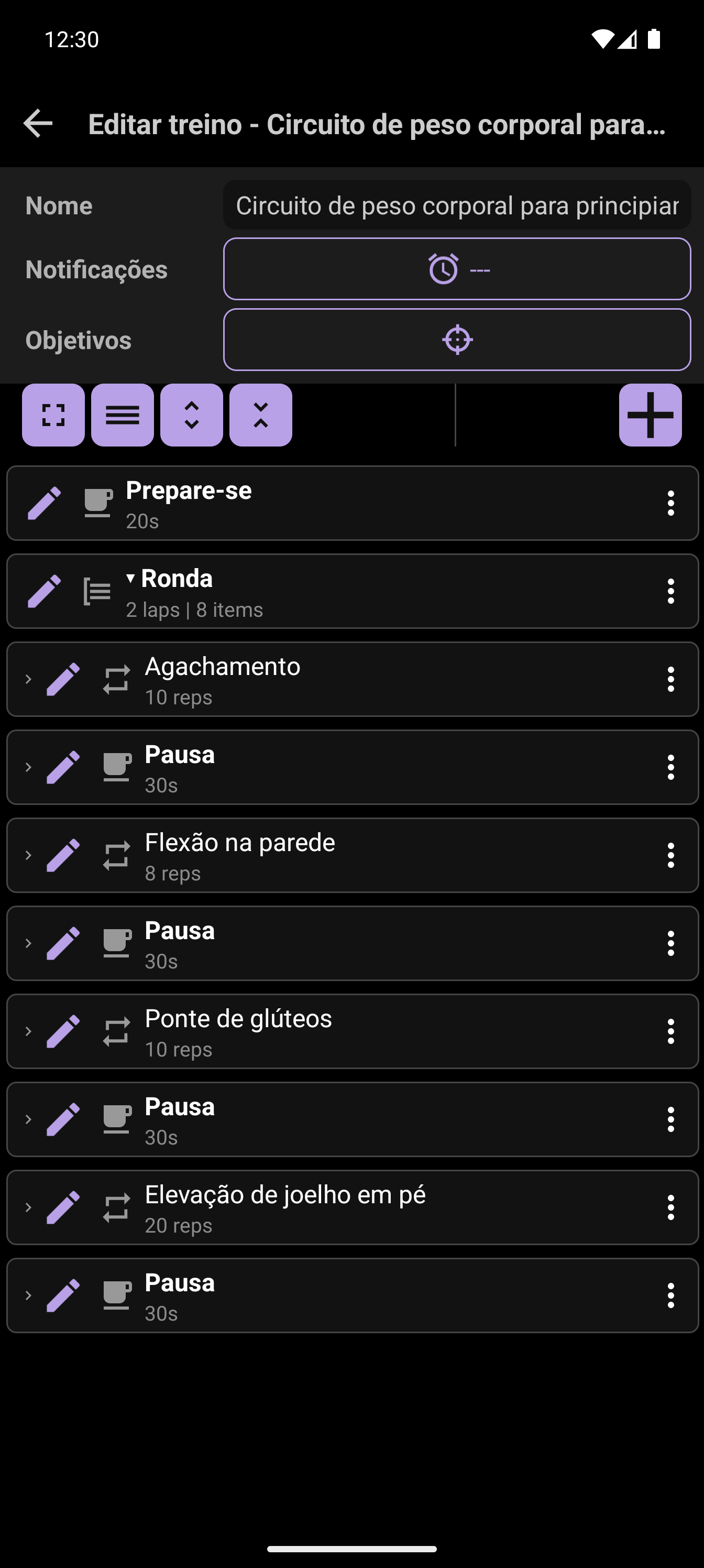 Criador de treinos da CrazyFit mostrando o circuito de peso corporal para principiantes