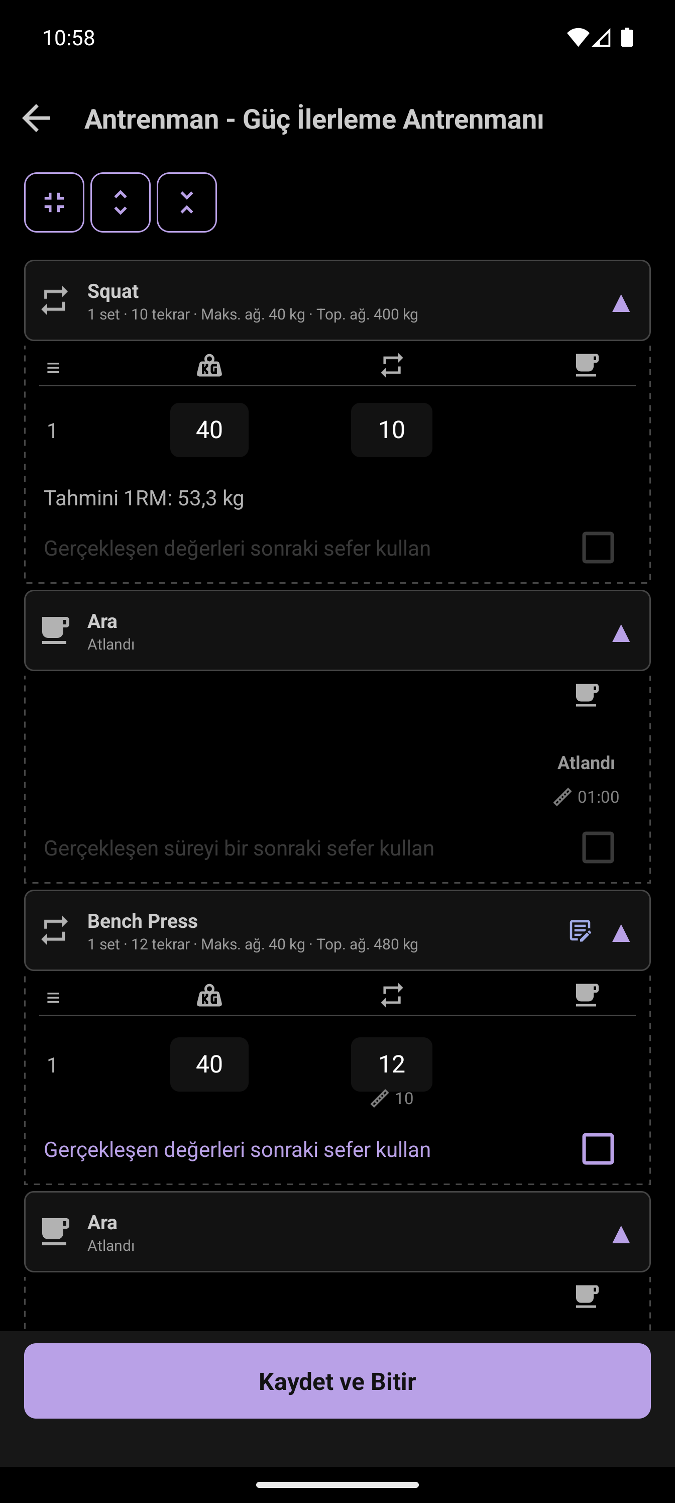 Bench Press'in 10 tekrardan 12 tekrara çıktığını gösteren antrenman sonu özeti
