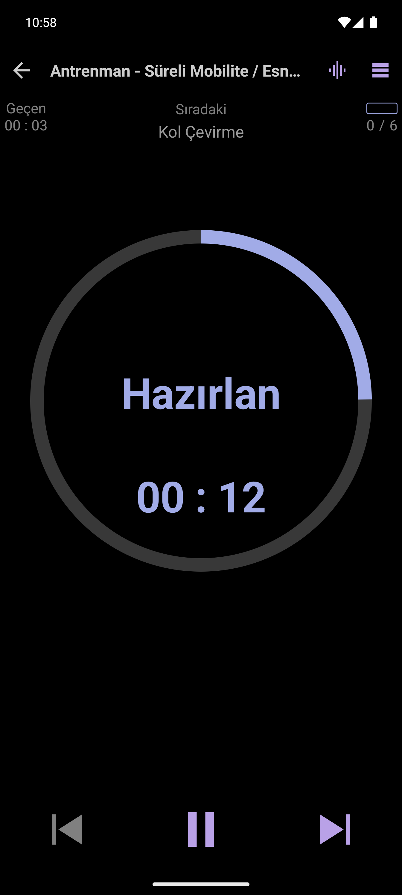 Süreli hareketlilik (mobility) rutinini gösteren CrazyFit oynatıcısı